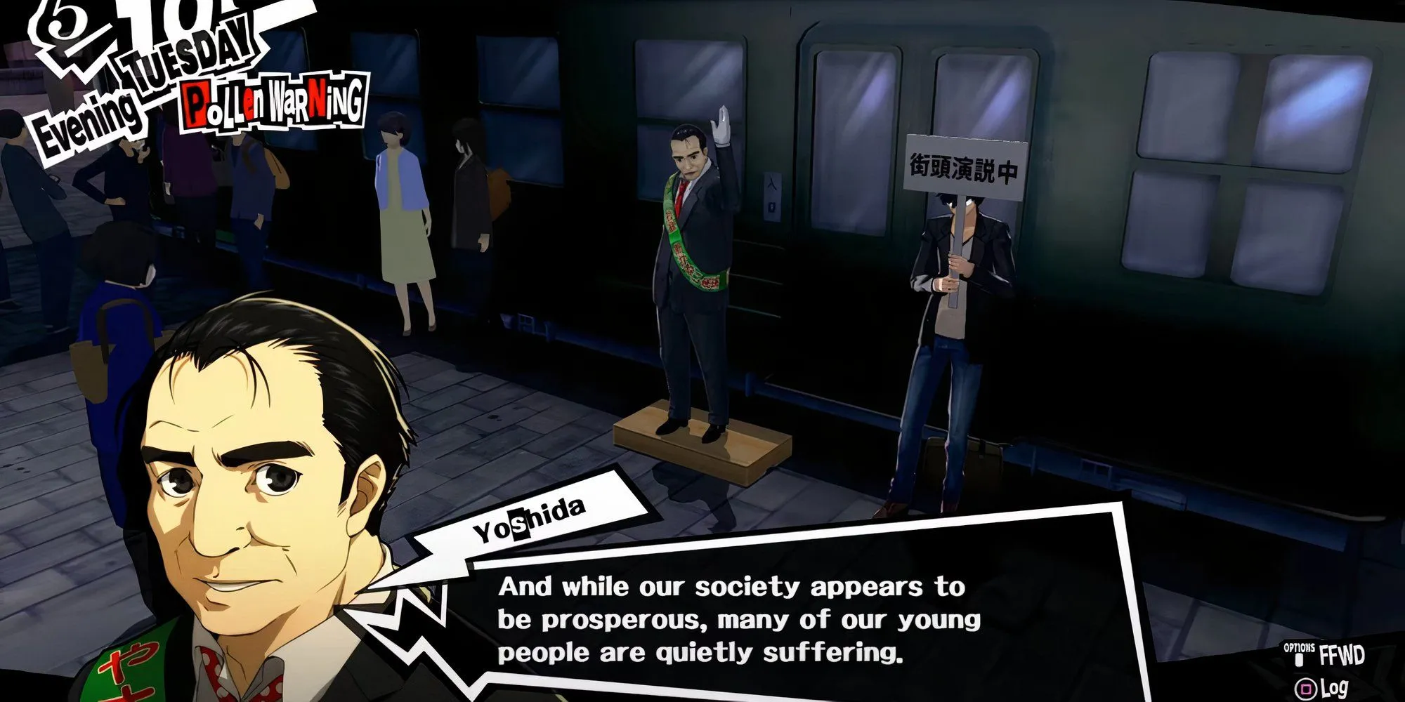 Hướng dẫn max Confidant Toranosuke Yoshida (Sun Arcana) P5R 1 Yoshida và nhân vật chính trò chuyện buổi tối Chủ Nhật tại Shibuya