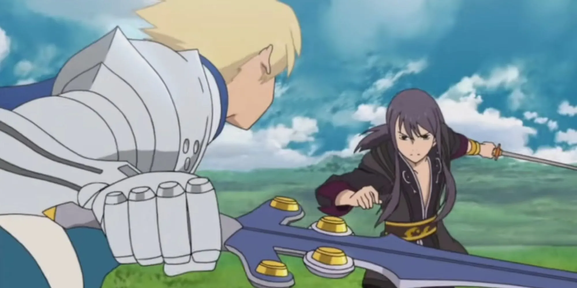 Yuri Lowell và nhóm bạn trong một cảnh anime đặc trưng của series Tales of, cụ thể là Tales of Vesperia