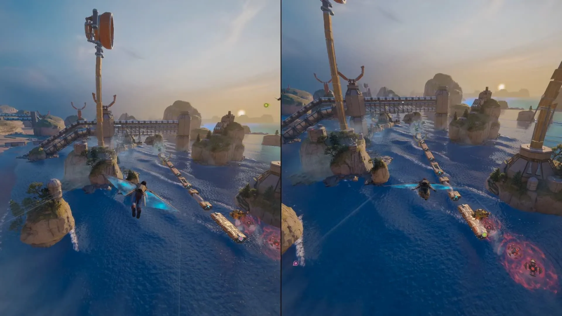 Zoe và Mio bay lượn né chướng ngại vật trong màn rượt đuổi Train Heist của Split Fiction