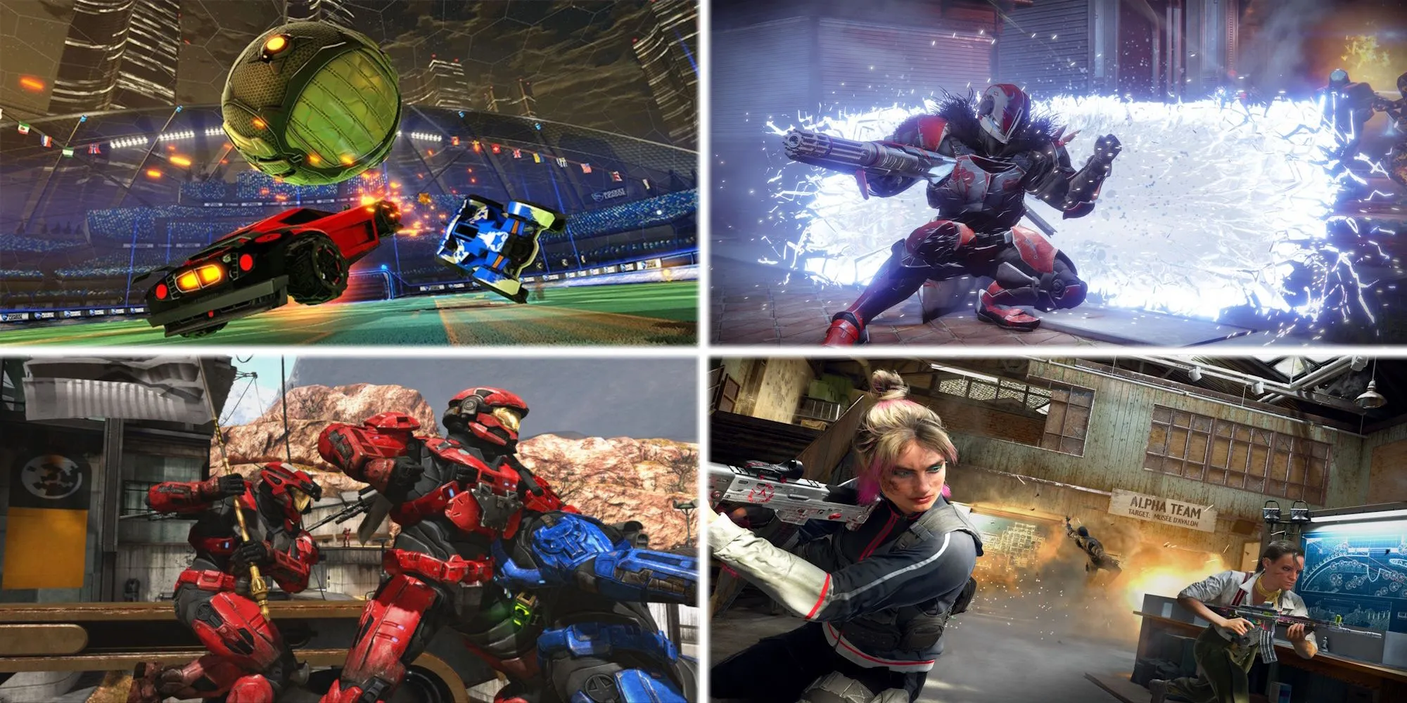 Ảnh minh họa các game multiplayer cạnh tranh phổ biến như Rocket League, Destiny 2, Halo và Call of Duty