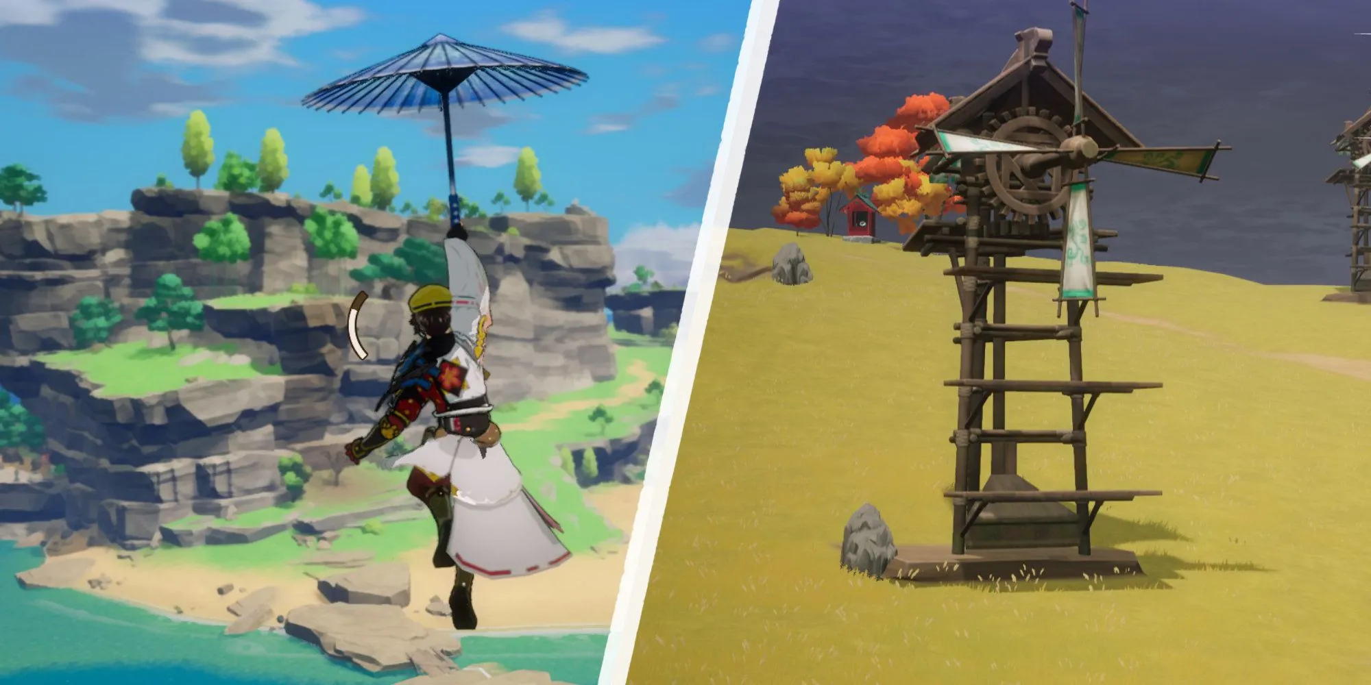 Bay lượn bằng dù và leo lên cối xay gió khi khám phá trong Rune Factory: Guardians of Azuma.