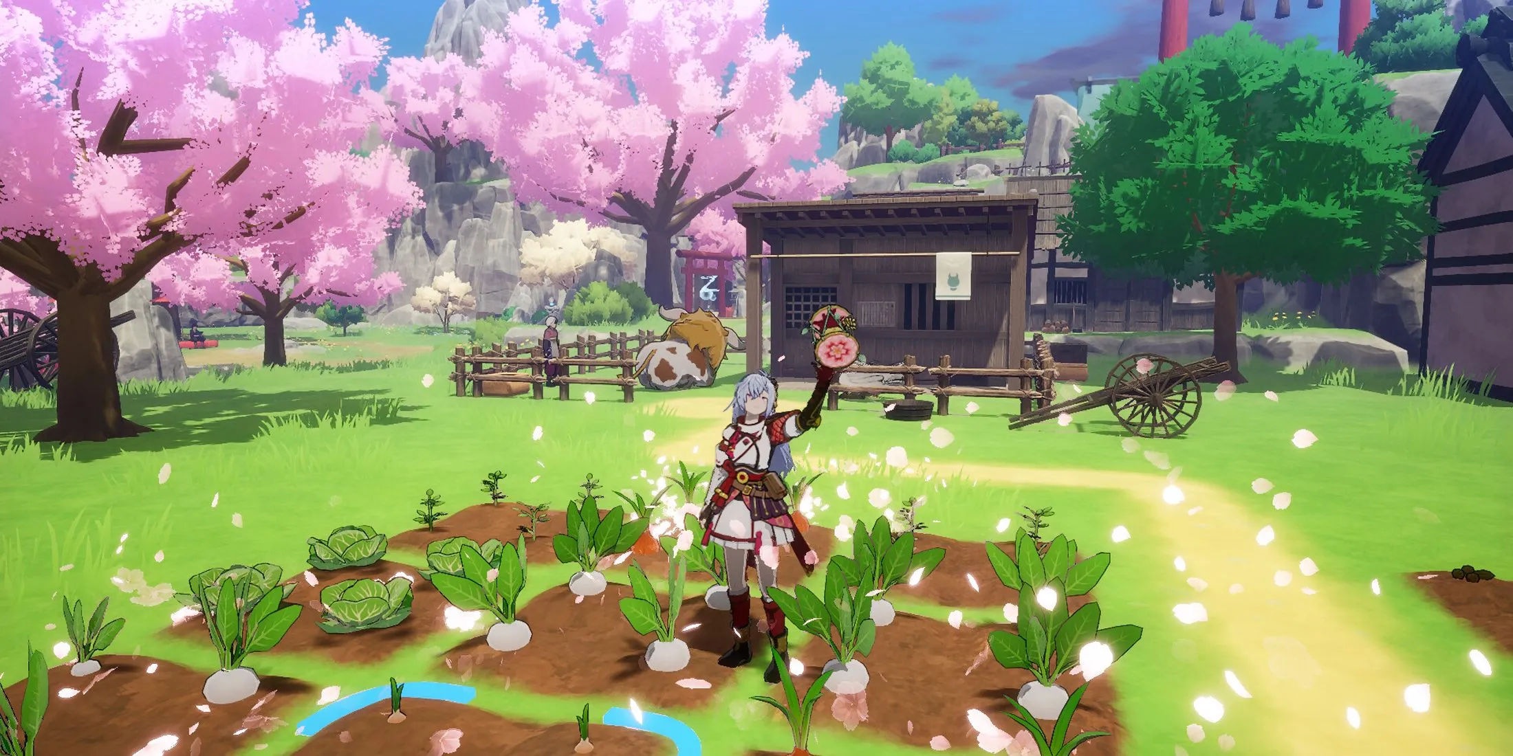 Cảnh làm nông trại trong Rune Factory: Guardians of Azuma, nhìn từ góc nhìn trên cao.