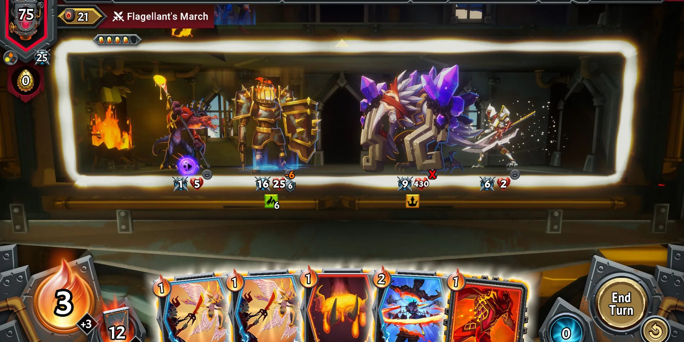 Giao diện chiến đấu và các thẻ bài (card) được sử dụng trong một trận đánh của Monster Train 2