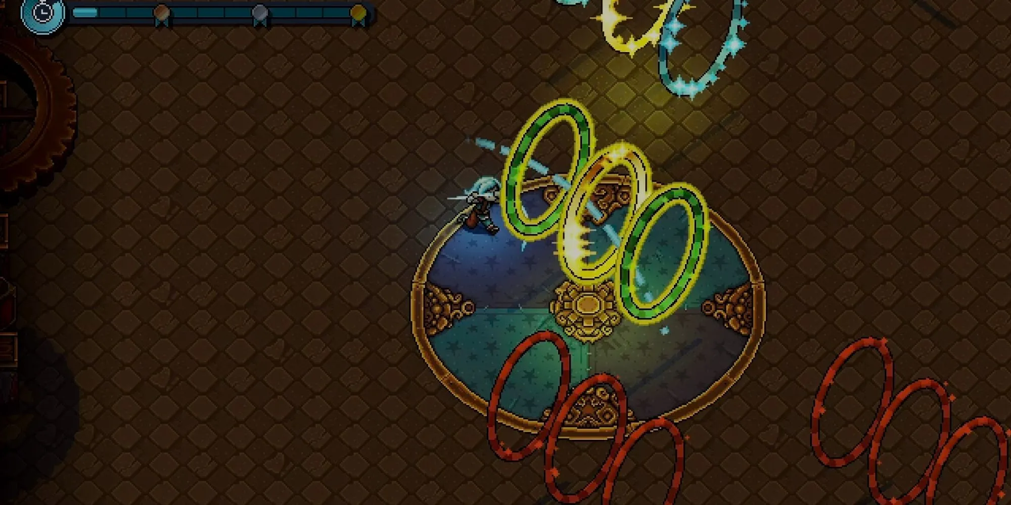 Hình ảnh nhân vật tham gia mini-game Wheels trong Sea of Stars: Throes of the Watchmaker.