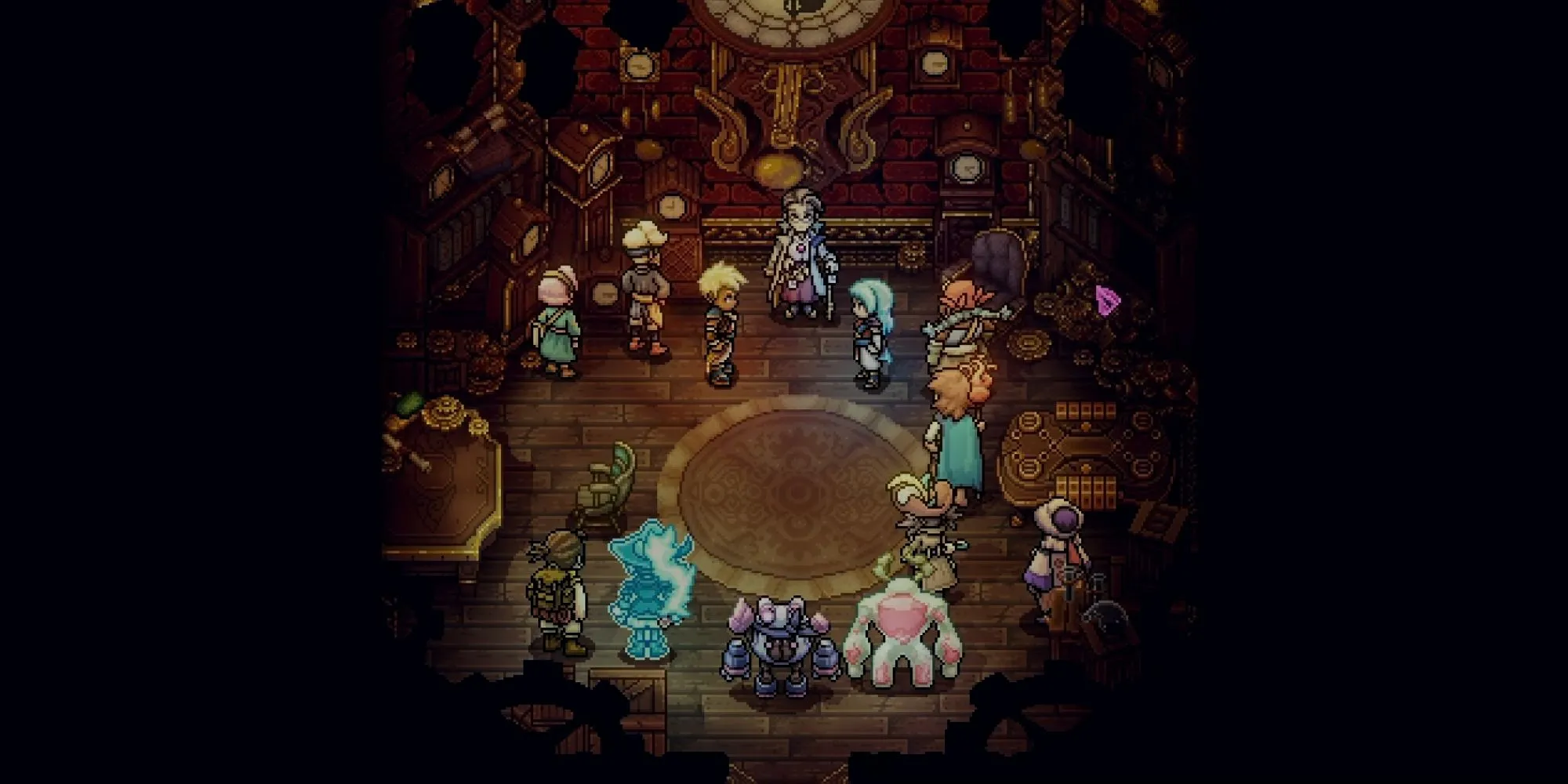 Hình ảnh nhân vật Zale và Valere trong Sea of Stars: Throes of the Watchmaker DLC, đang nói chuyện trong bối cảnh đồ họa pixel art.