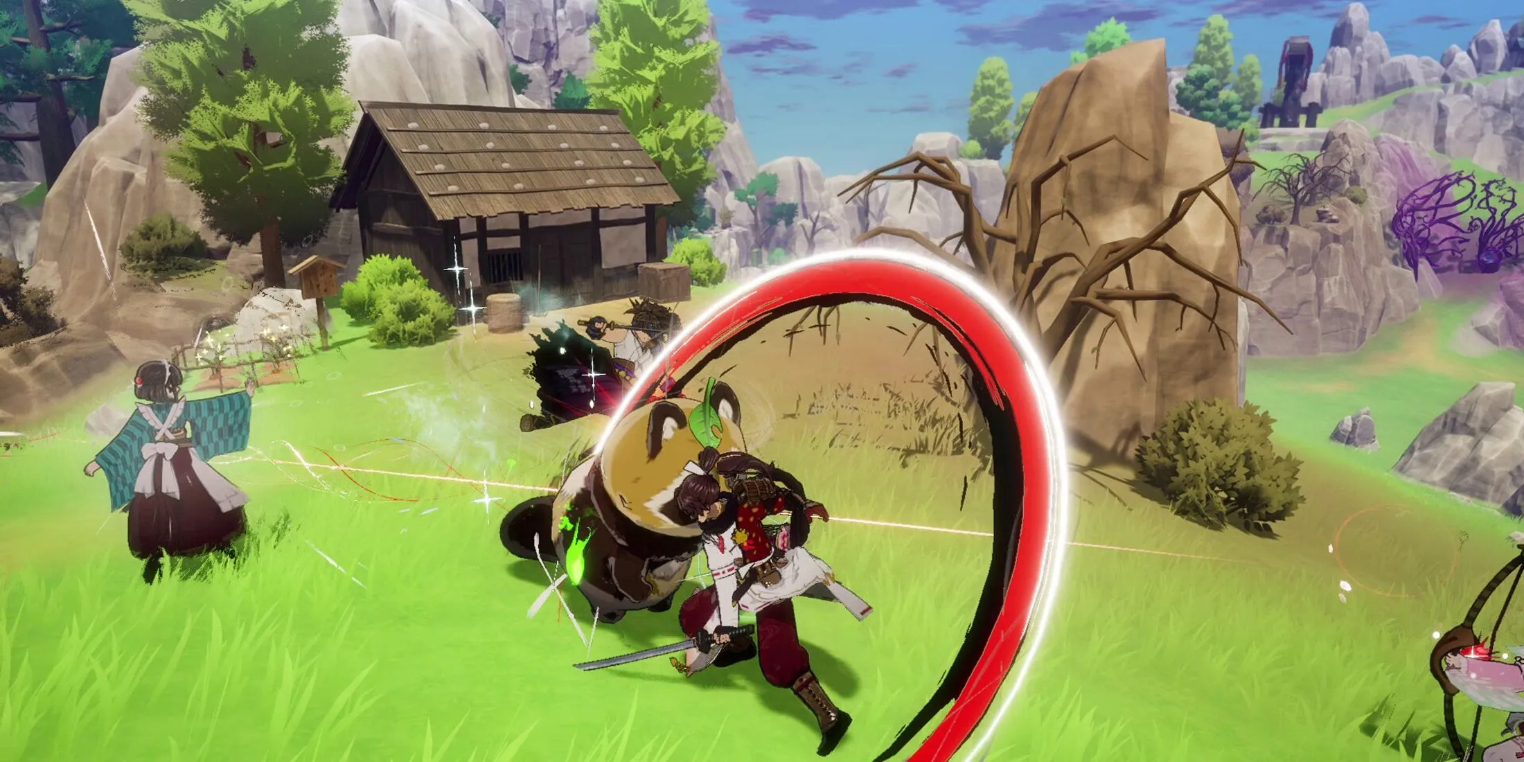 Hình ảnh phong cảnh trong game Rune Factory: Guardians of Azuma với nhân vật đứng trên đỉnh núi.