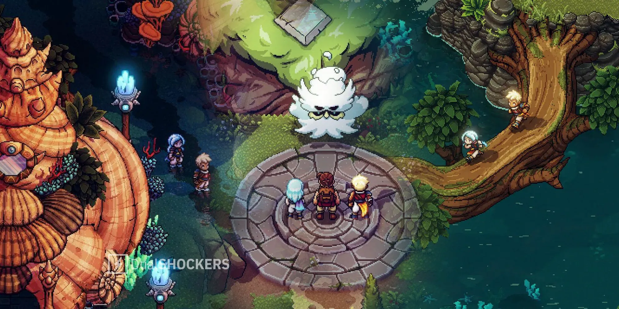 Hình ảnh Zale và Valere cùng Artificer chiến đấu theo lượt trong Sea of Stars: Throes of the Watchmaker DLC.