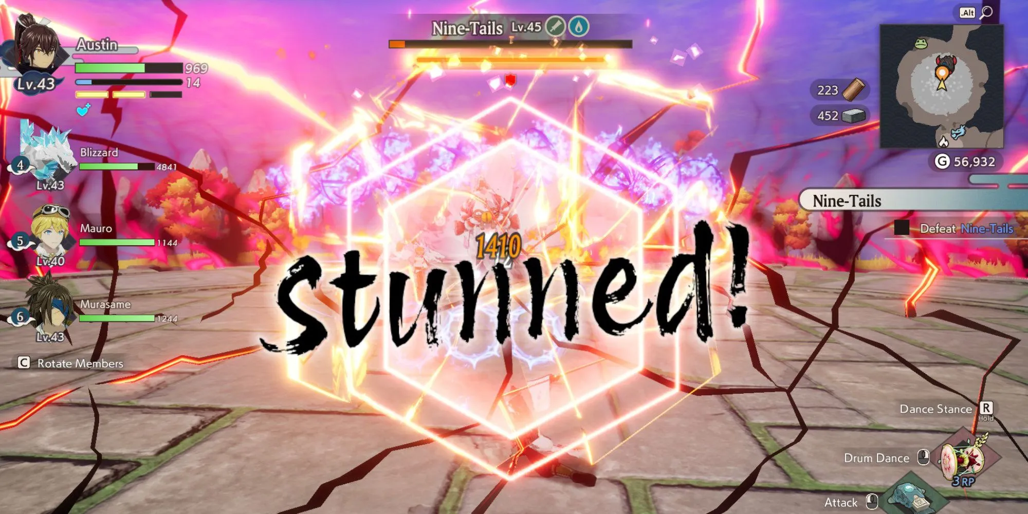 Làm choáng boss Cửu Vĩ trong Rune Factory: Guardians of Azuma.