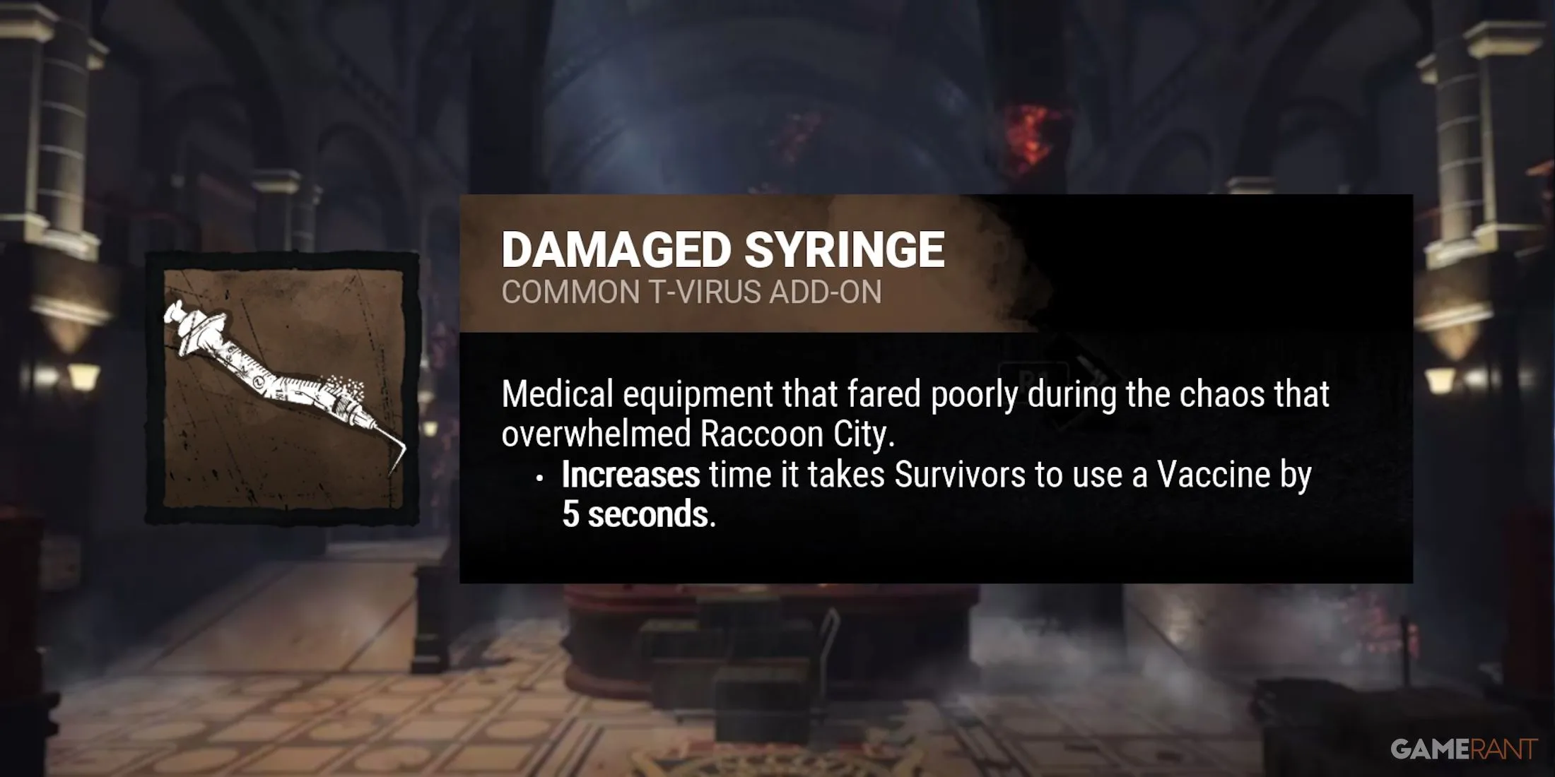 Add-on 'Ống Tiêm Hư Hại' (Damaged Syringe) của Nemesis trong Dead by Daylight.