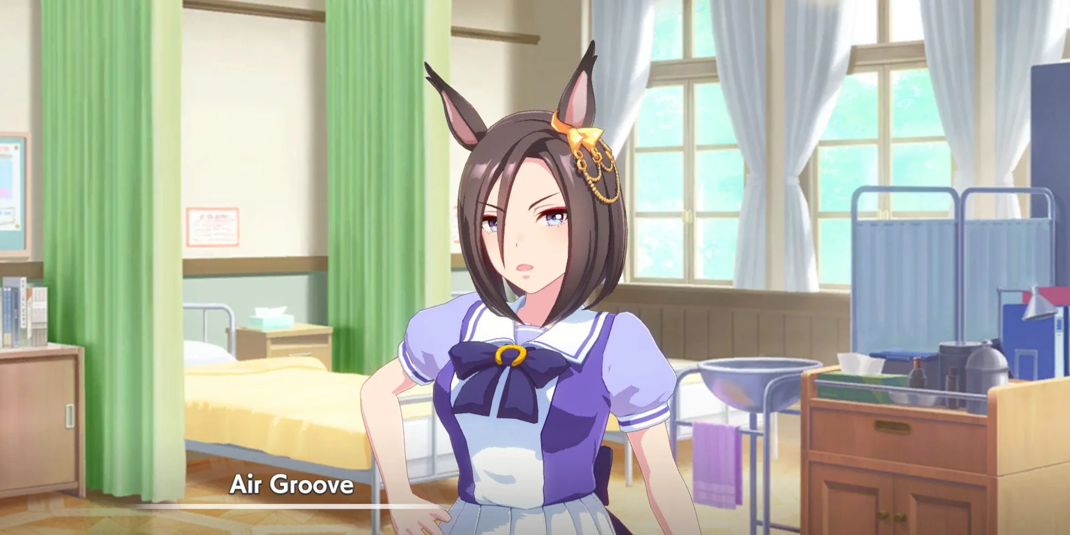 Air Groove đang hồi phục - Khoảnh khắc Air Groove nghỉ ngơi trong Umamusume: Pretty Derby, thể hiện quá trình luyện tập vất vả của một tay đua.
