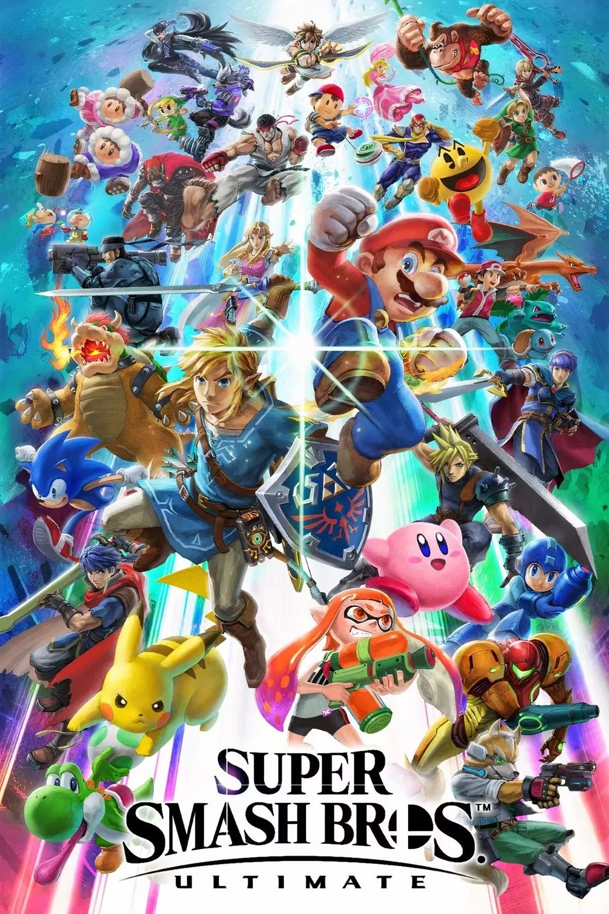 Ảnh bìa game Super Smash Bros. Ultimate với các nhân vật biểu tượng như Mario, Link, Samus và Pikachu đang sẵn sàng chiến đấu.