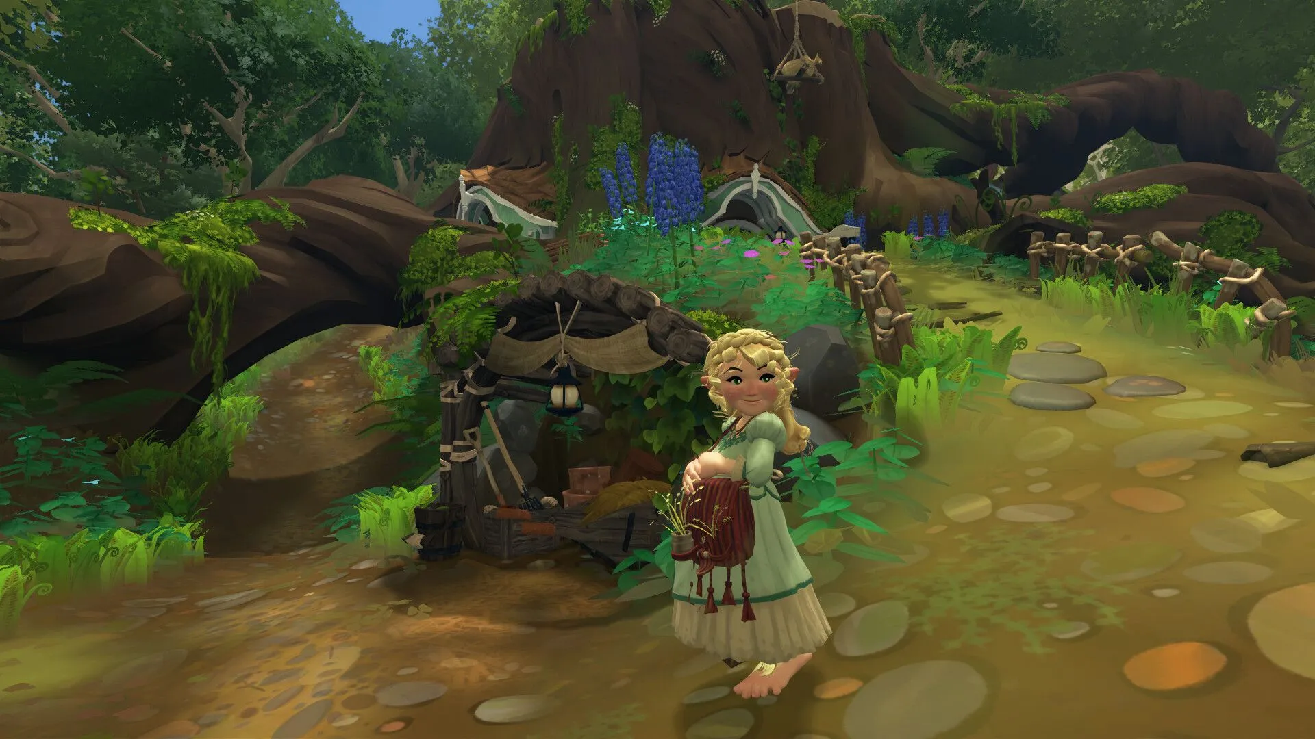 Ảnh chụp cảnh làm vườn trong Tales of the Shire, thể hiện lối chơi thư giãn của game.