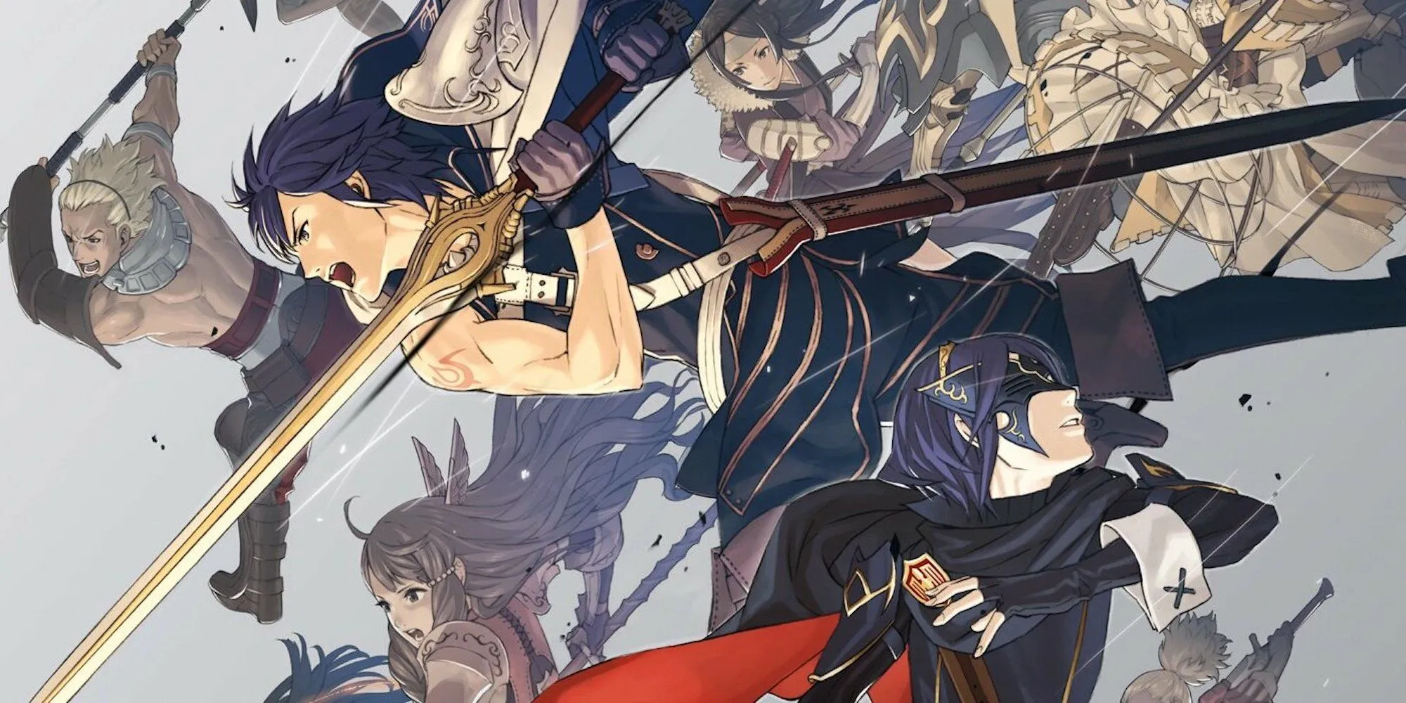 Ảnh quảng bá Fire Emblem Awakening, nổi bật với các nhân vật chính Chrom, Lucina và Robin trong tư thế chiến đấu.