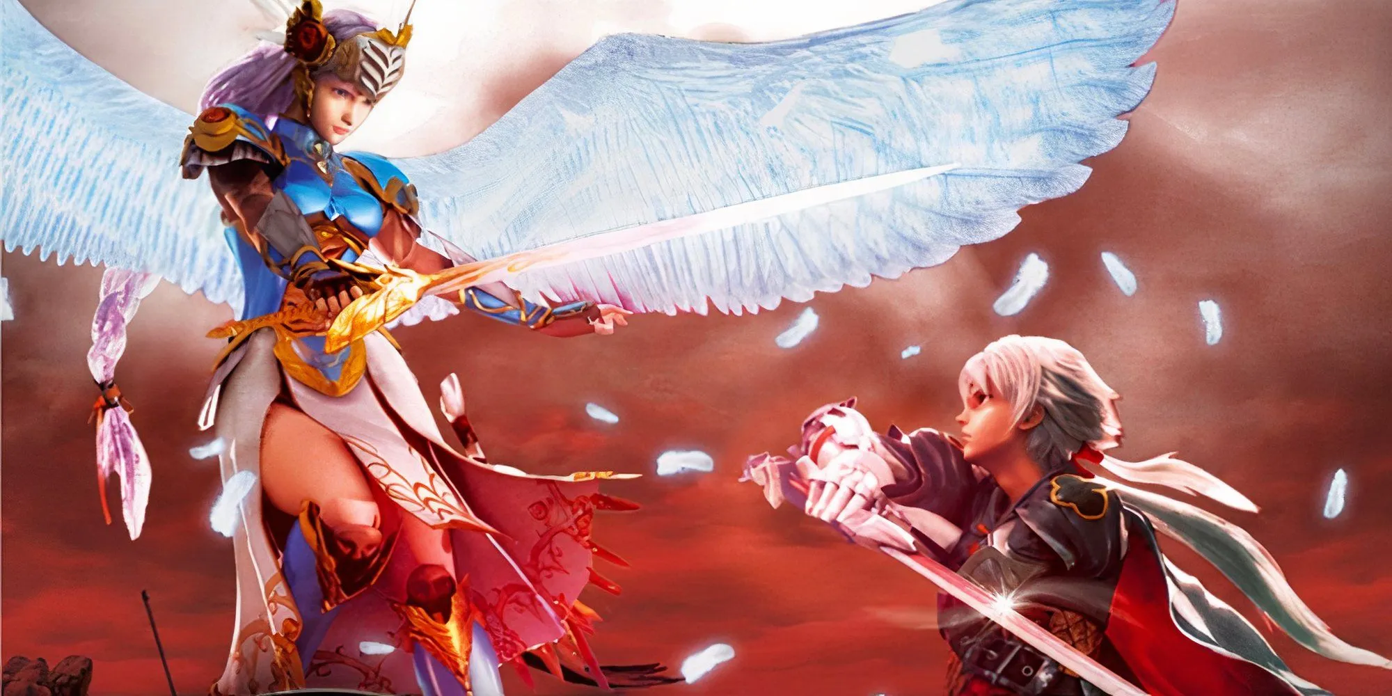 Ảnh quảng bá Valkyrie Profile Covenant of the Plume, với nhân vật chính Wylfred và chiếc Lông Định Mệnh.