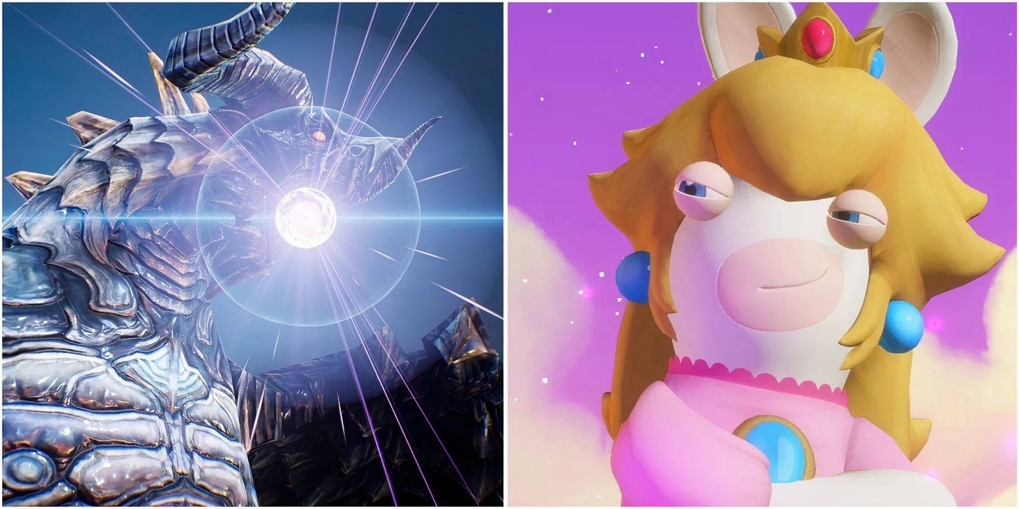 Ảnh so sánh hai game Tactical RPG không dùng lưới: Bahamut trong The DioField Chronicle và Peach Rabbid trong Mario + Rabbids Sparks of Hope, thể hiện sự đa dạng gameplay.