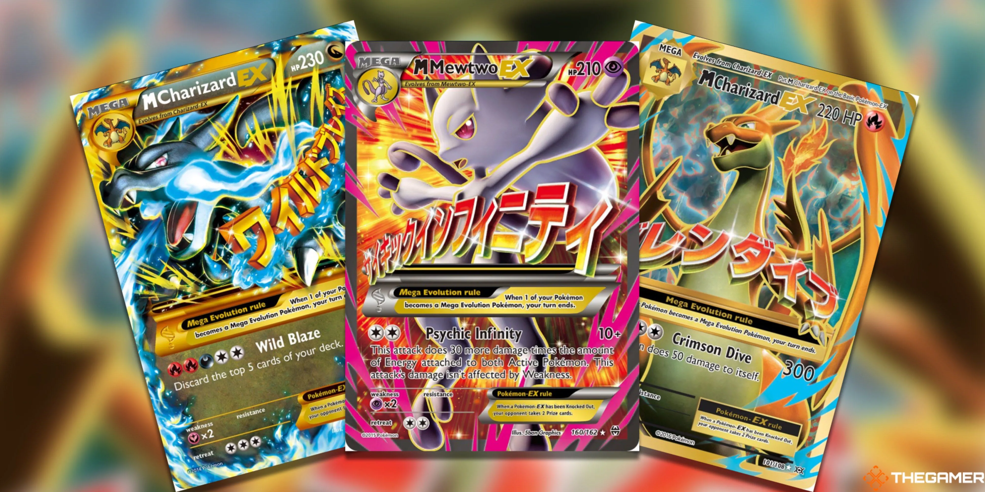 Ba thẻ bài Mega Pokemon hiếm gồm M Charizard X EX, Mewtwo Y EX và M Charizard Y EX từ Pokemon TCG.