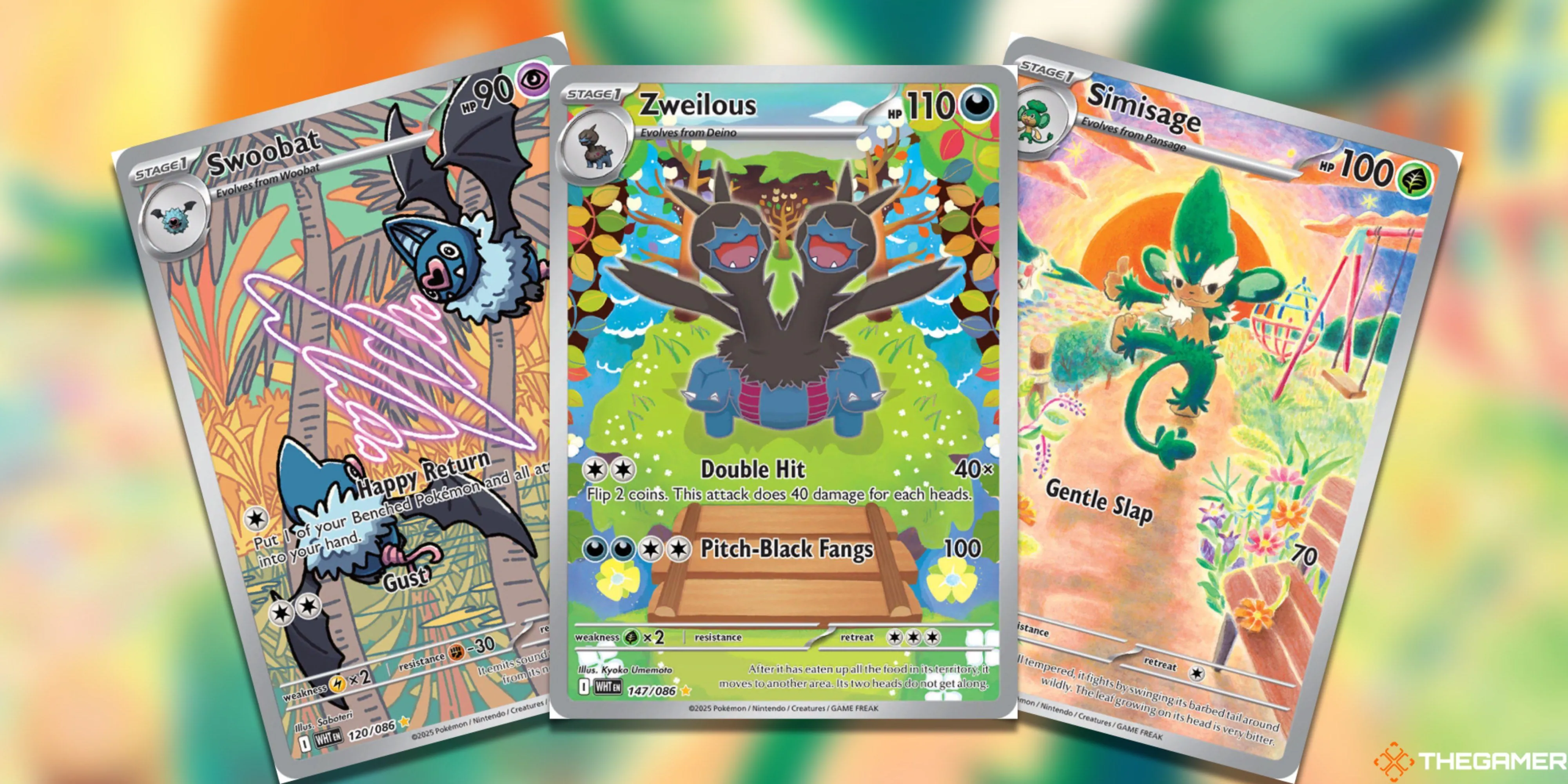 Ba thẻ bài Pokemon TCG hiếm Swoobat, Zweilous và Simisage từ bộ Black Bolt & White Flare