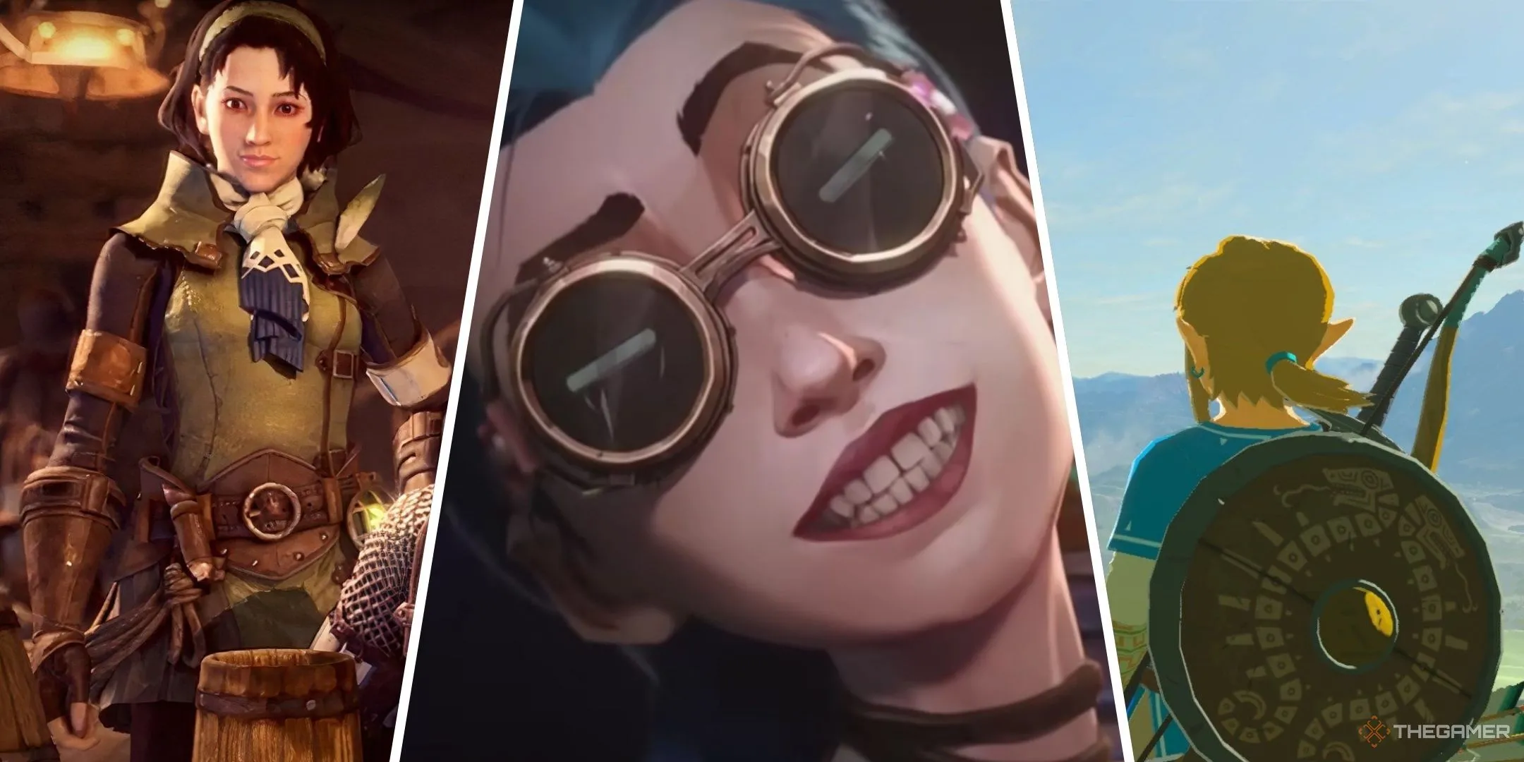 Ba tựa game kinh điển thể hiện tính phiêu lưu: Thợ săn trong Monster Hunter World, Jinx từ Arcane và Link trong Legend of Zelda đối đầu với nguy hiểm.