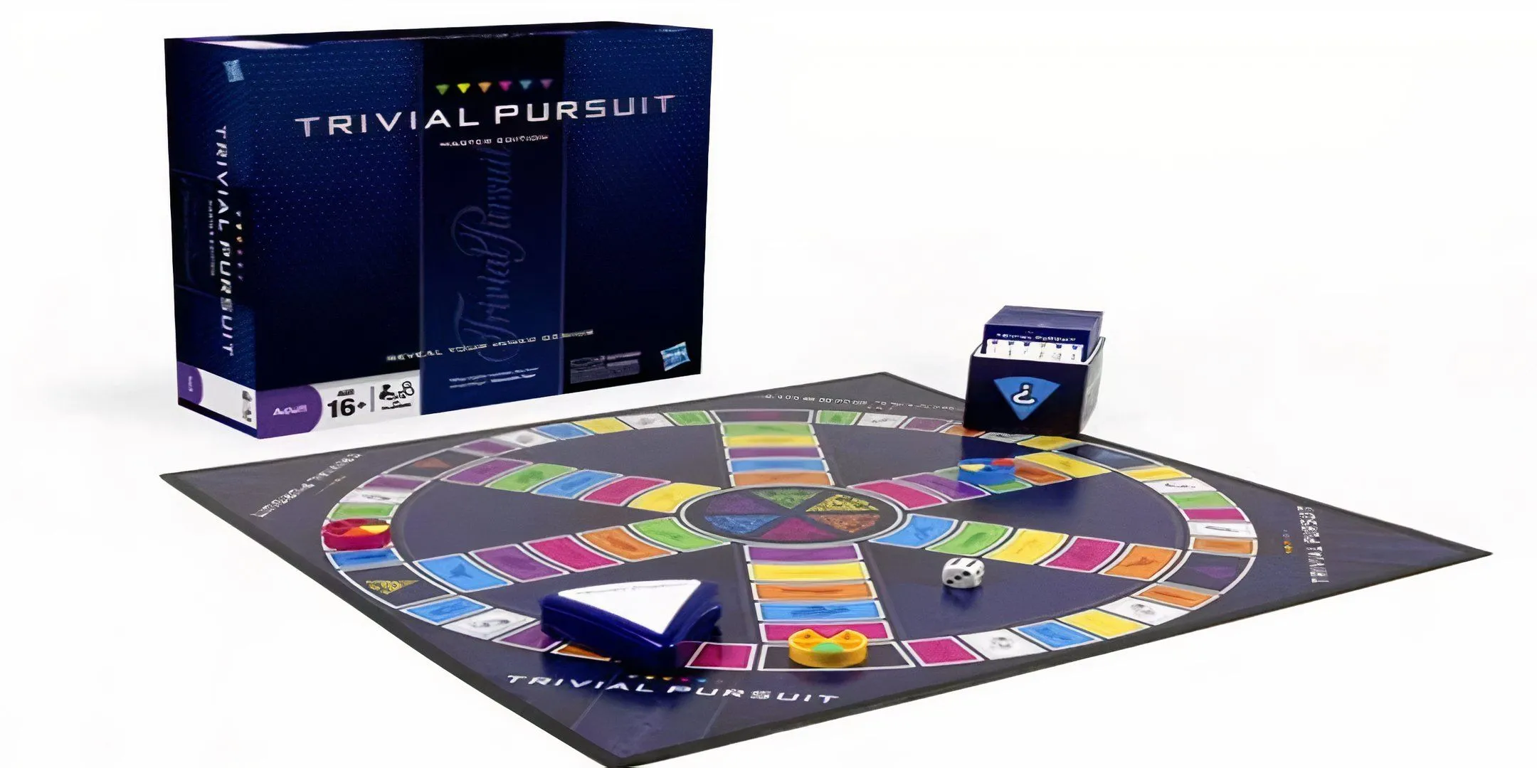 Bàn cờ Trivial Pursuit với các ô màu sắc và những mảnh ghép hình tam giác, biểu tượng của trò chơi đố vui kiến thức, thường được xem là lựa chọn kinh điển của các buổi gặp mặt gia đình.
