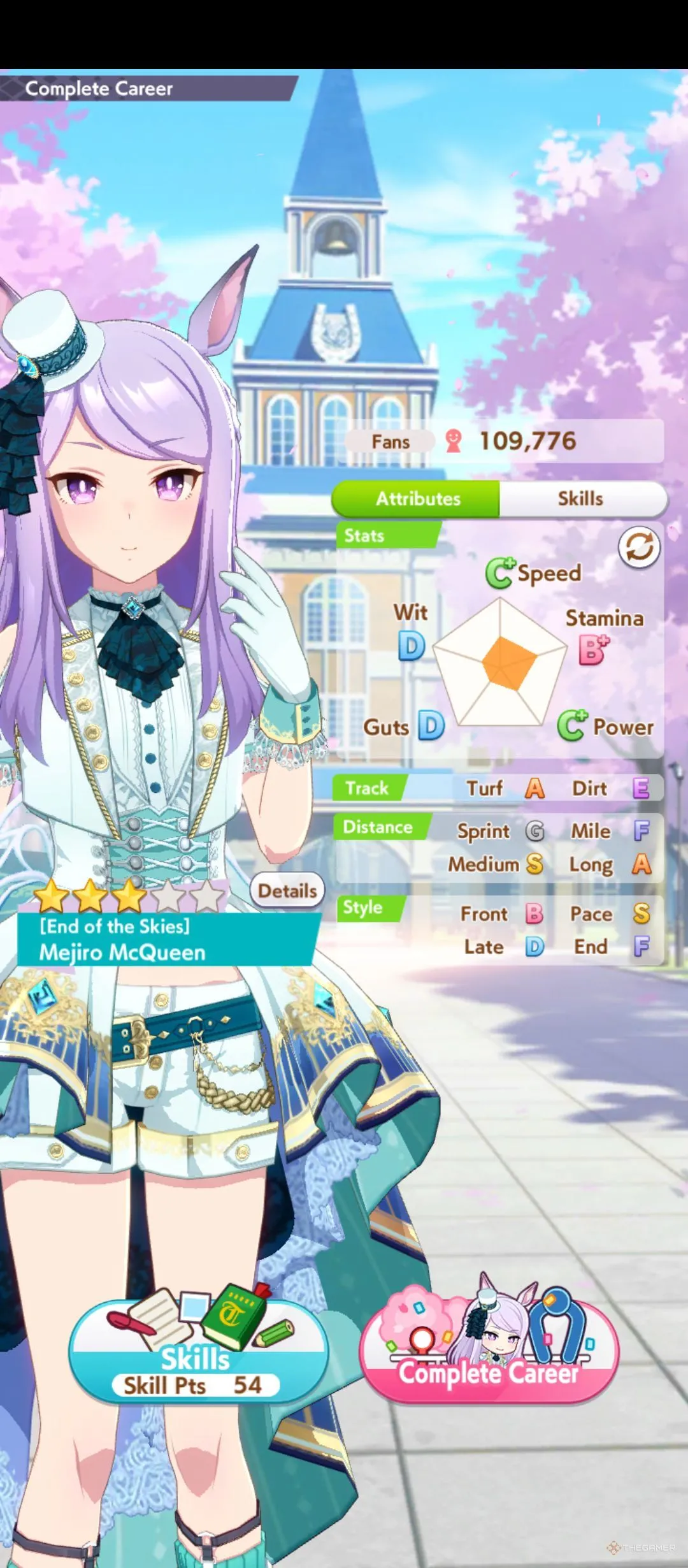 Bảng chỉ số chi tiết của Mejiro McQueen End of The Skies trong game Umamusume Pretty Derby, cho thấy các ưu tiên sức bền và sức mạnh cần thiết để thống trị đường đua.