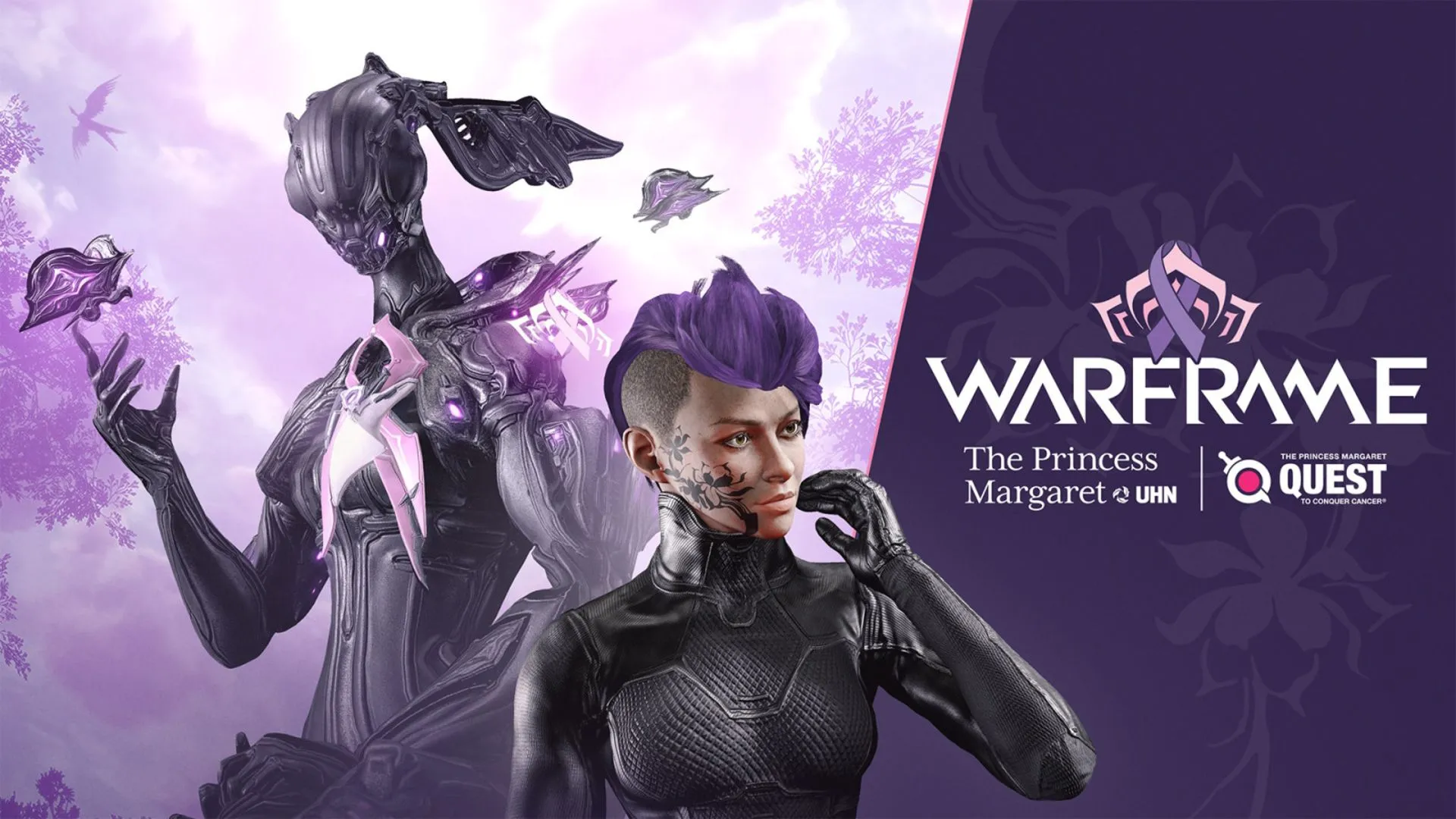 Banner chiến dịch Quest to Conquer Cancer (QGCC) 2024 của Warframe, minh chứng cho sức mạnh đoàn kết phi thường của cộng đồng Tenno trong các hoạt động từ thiện và gây quỹ.