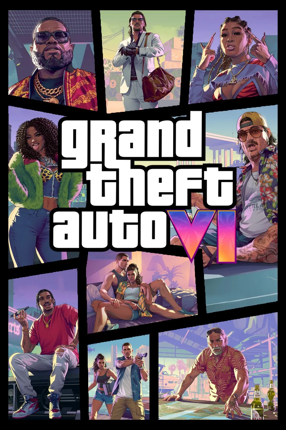 Bìa game Grand Theft Auto 6 với logo và phong cách đặc trưng, gợi mở thế giới mở Leonida