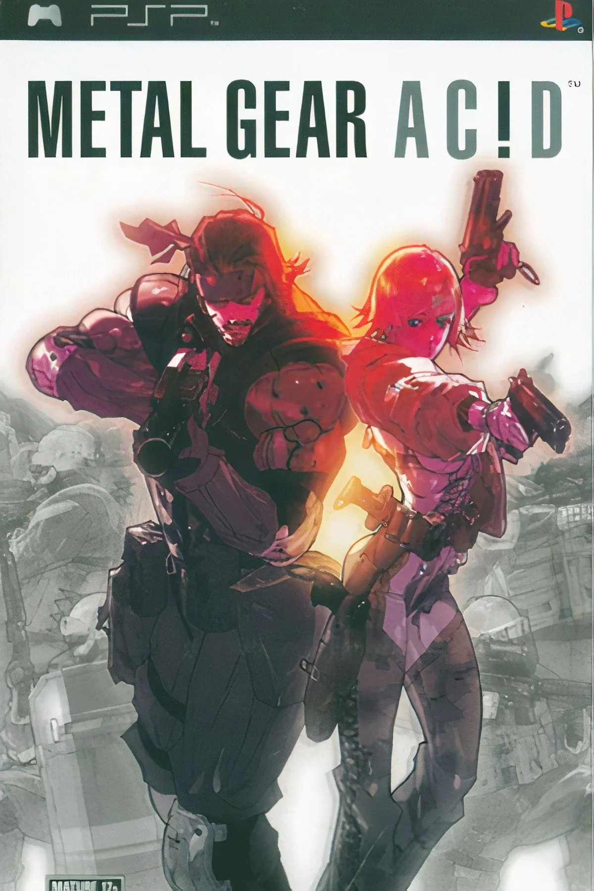 Bìa game Metal Gear Acid với Solid Snake trong trang phục chiến đấu, nổi bật phong cách Tactical Card-Based RPG.