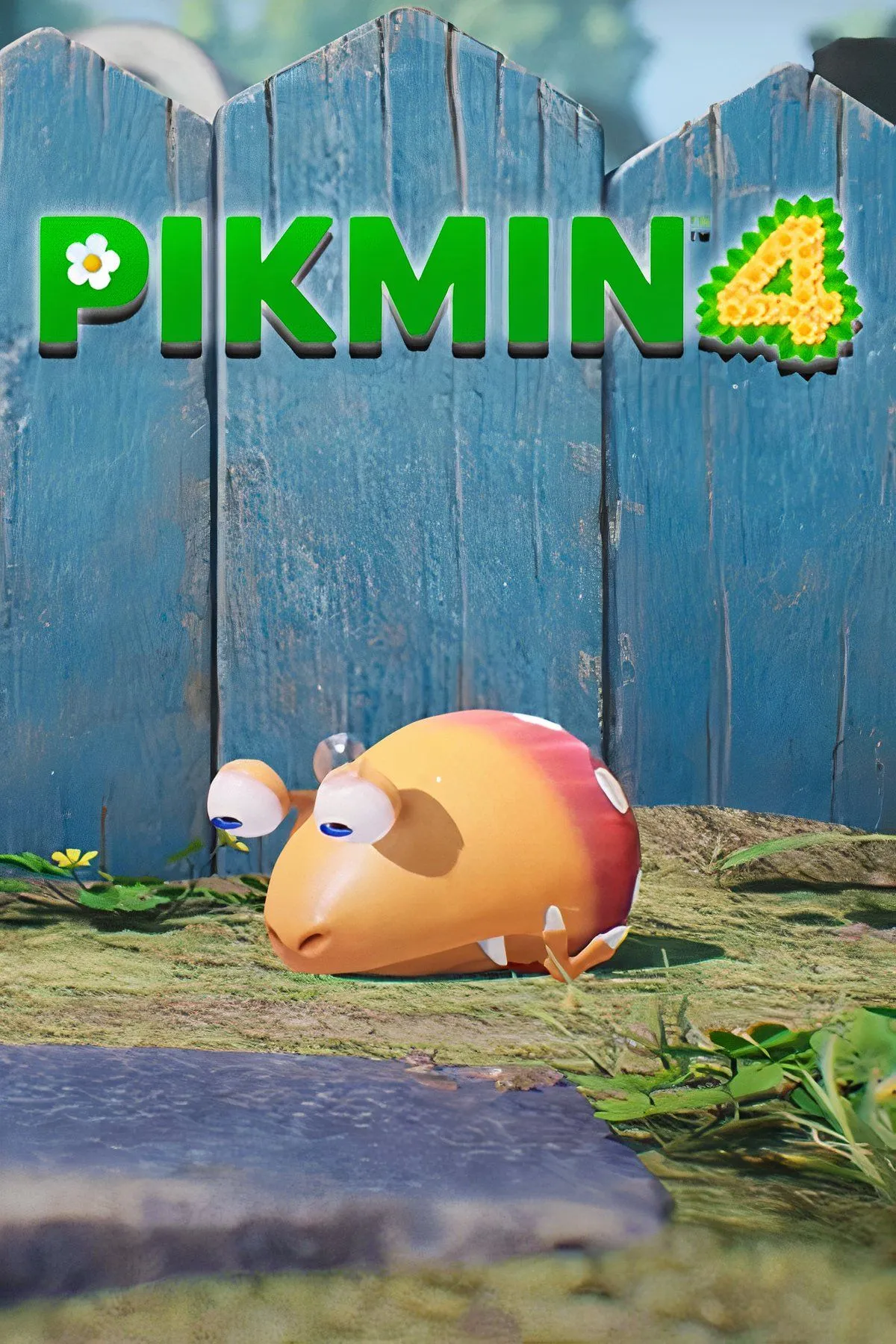 Bìa game Pikmin 4 với đội trưởng Oatchi và các Pikmin màu sắc đang khám phá một thế giới lớn, thể hiện cuộc phiêu lưu và chiến thuật độc đáo.