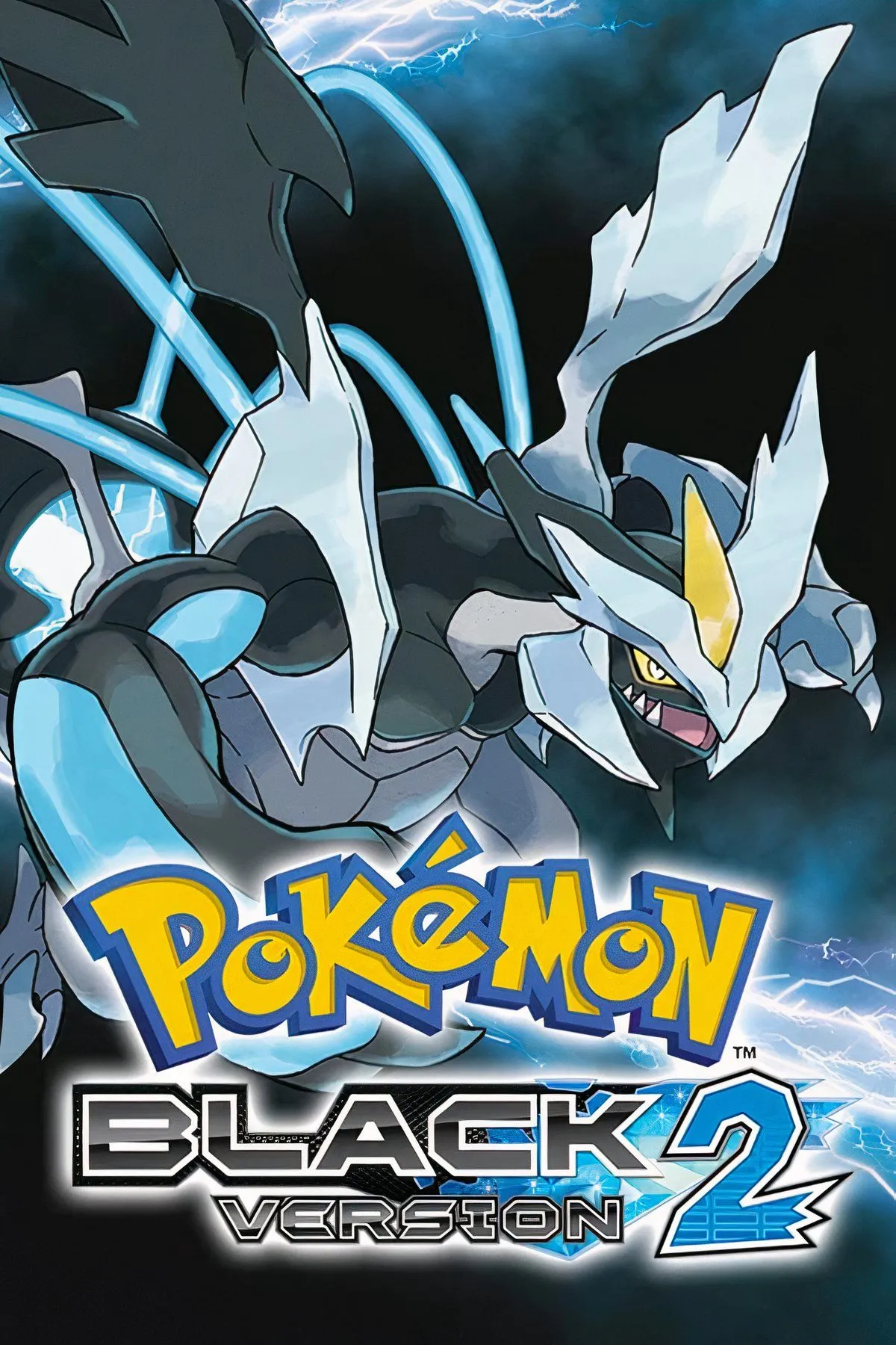 Bìa game Pokemon Black 2 với Pokemon Kyurem đen và trắng đang chiến đấu, minh họa cho phần tiếp theo đầy kịch tính của series Pokemon trên Nintendo DS.