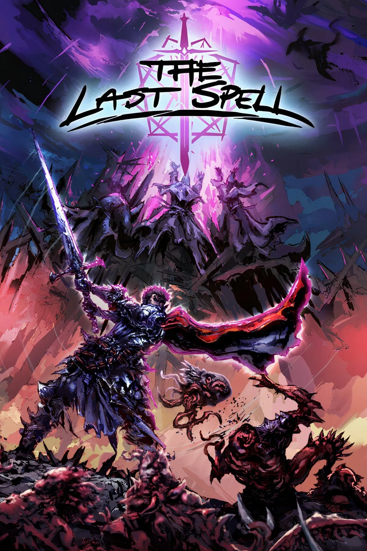 Bìa game The Last Spell với các anh hùng đang chống chọi đội quân quái vật trong khung cảnh đổ nát của một thành phố.
