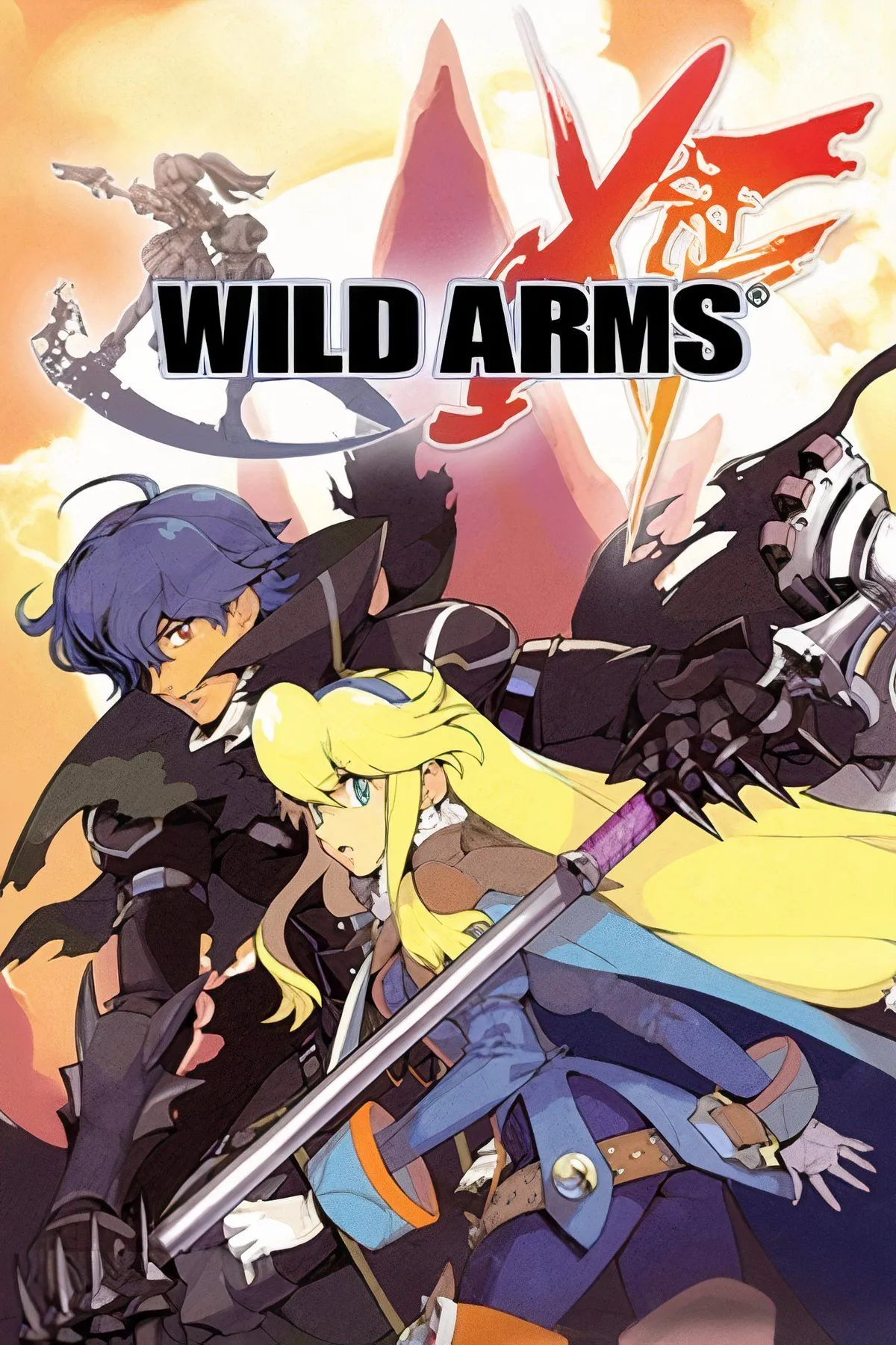 Bìa game Wild Arms XF với các nhân vật chính đứng trên nền cảnh sa mạc, thể hiện phong cách JRPG miền Tây giả tưởng.