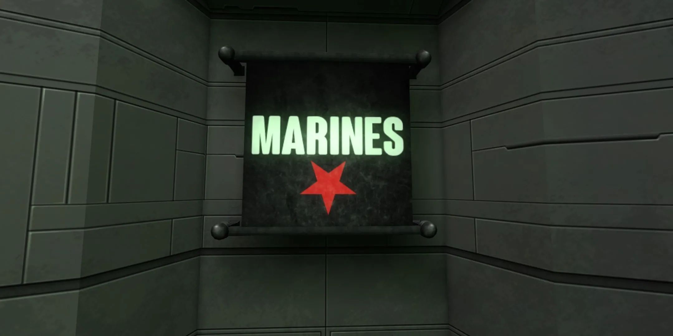 Biển báo Marine Corps trong System Shock 2 Remastered, gợi nhắc về lực lượng đã từng trấn giữ con tàu kinh hoàng này.