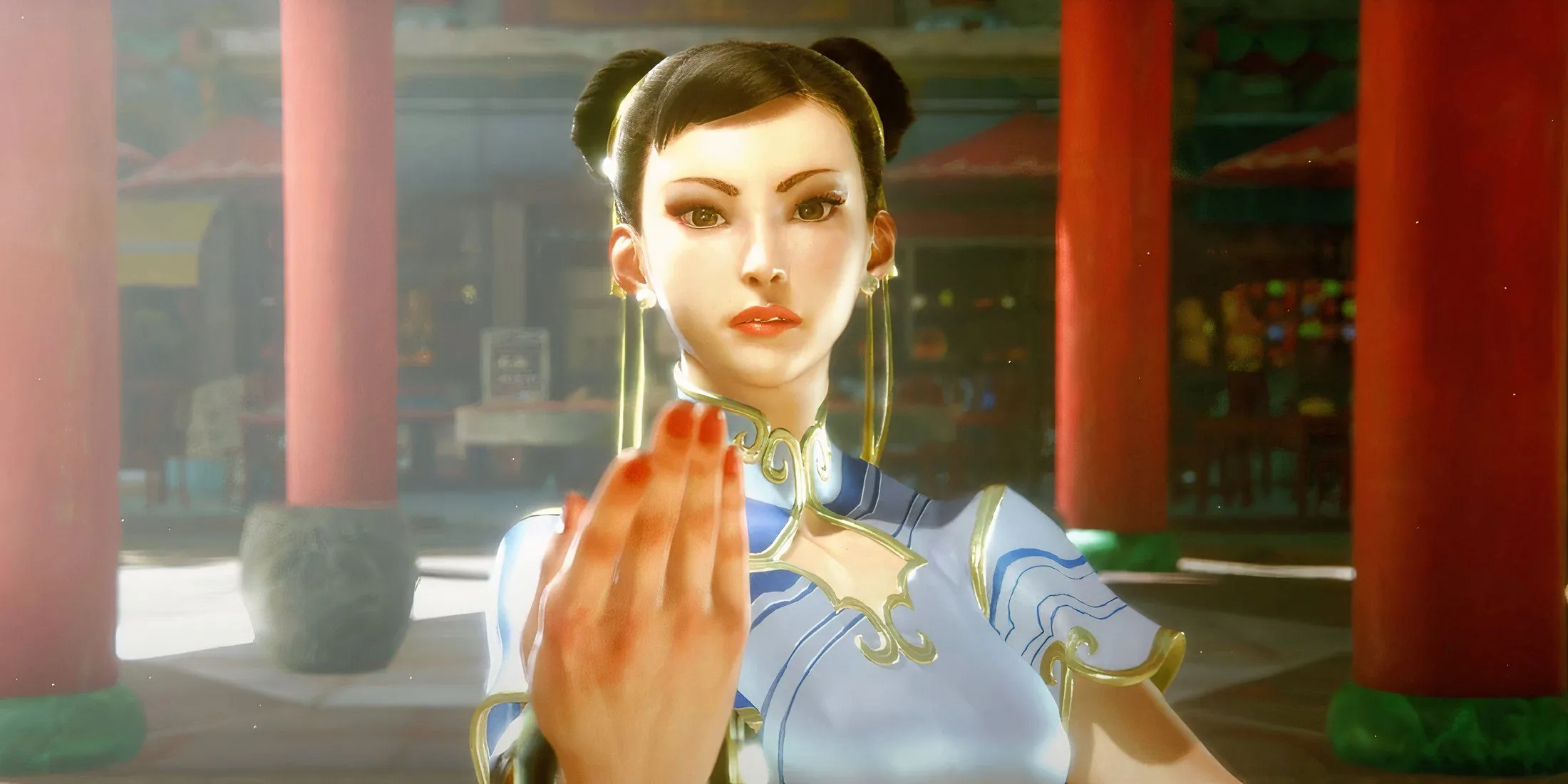 Biểu tượng Chun-Li của Street Fighter 6 trong tư thế chiến đấu đặc trưng, sẵn sàng tung cước
