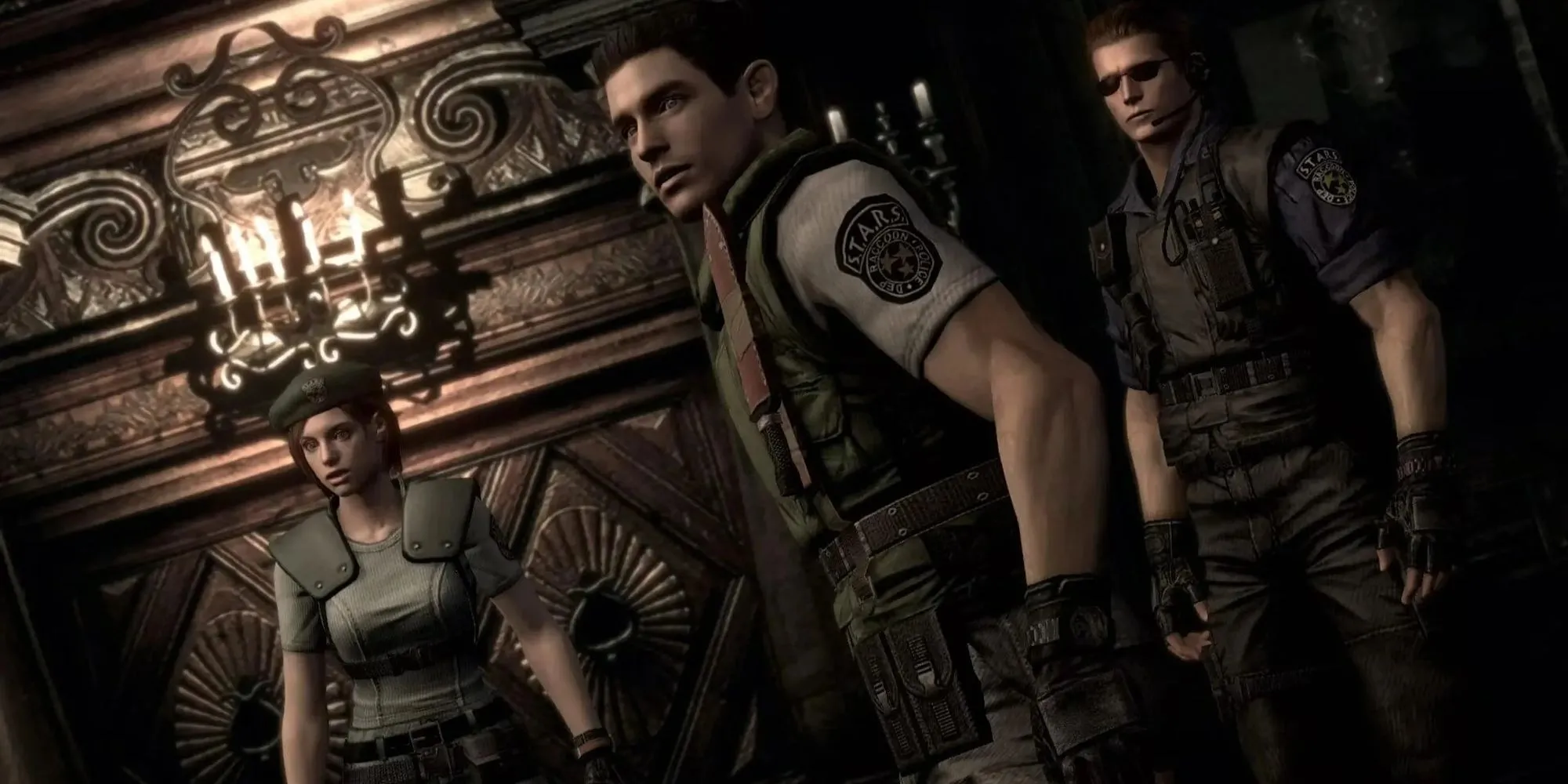 Bộ ba Jill, Chris và Albert bước vào dinh thự Spencer trong Resident Evil, khởi nguồn của series kinh dị sinh tồn