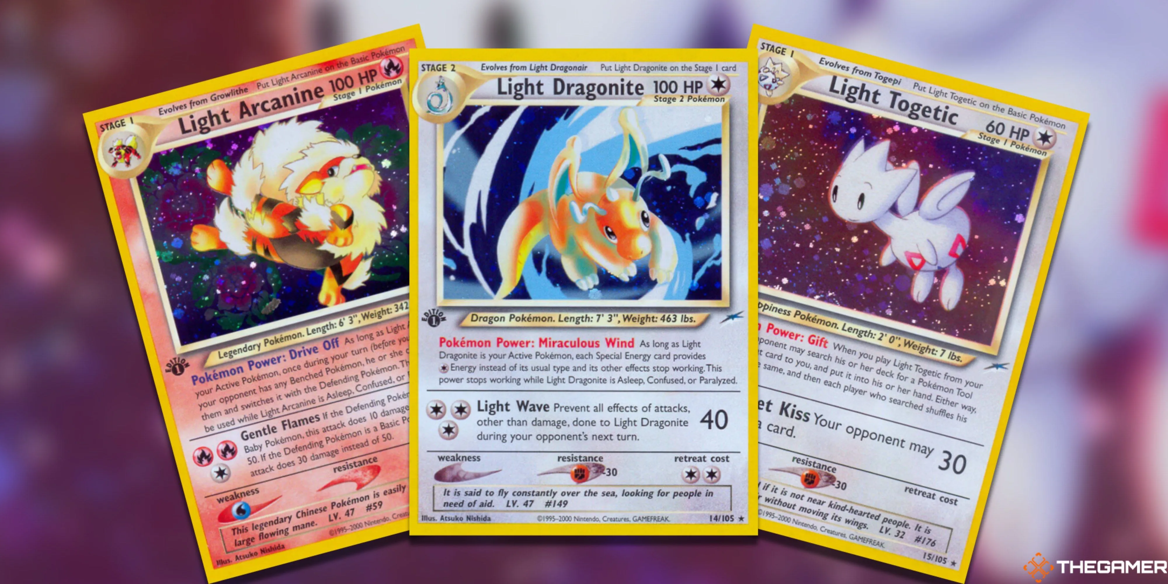 Bộ ba thẻ bài Light Pokemon hiếm gồm Arcanine, Dragonite và Togetic trong Pokemon TCG.