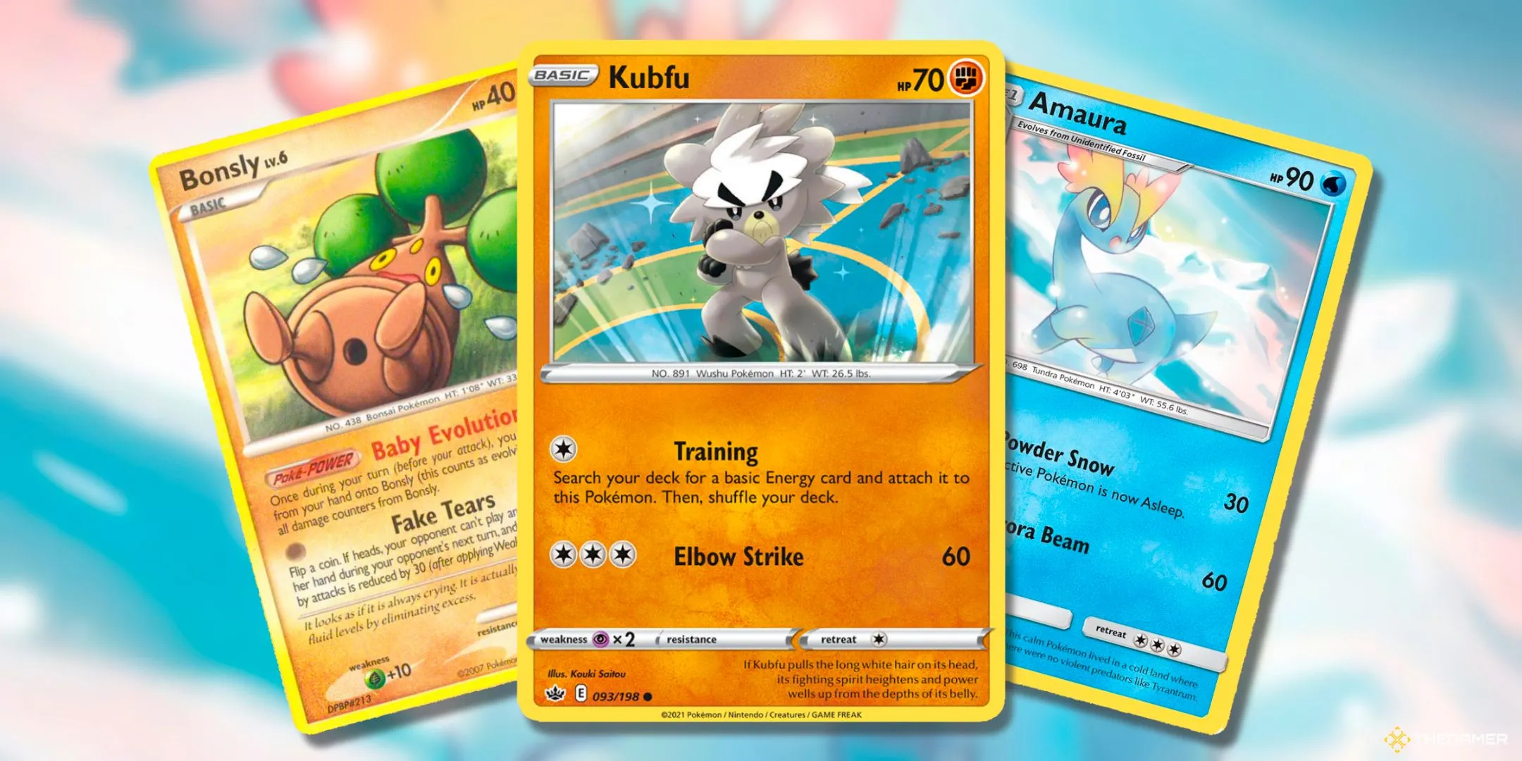 Bộ ba thẻ bài Pokemon TCG gồm Bonsly (Diamond &amp; Pearl, 71), Kubfu (Chilling Reign, 93) và Amaura (Forbidden Light, 27).