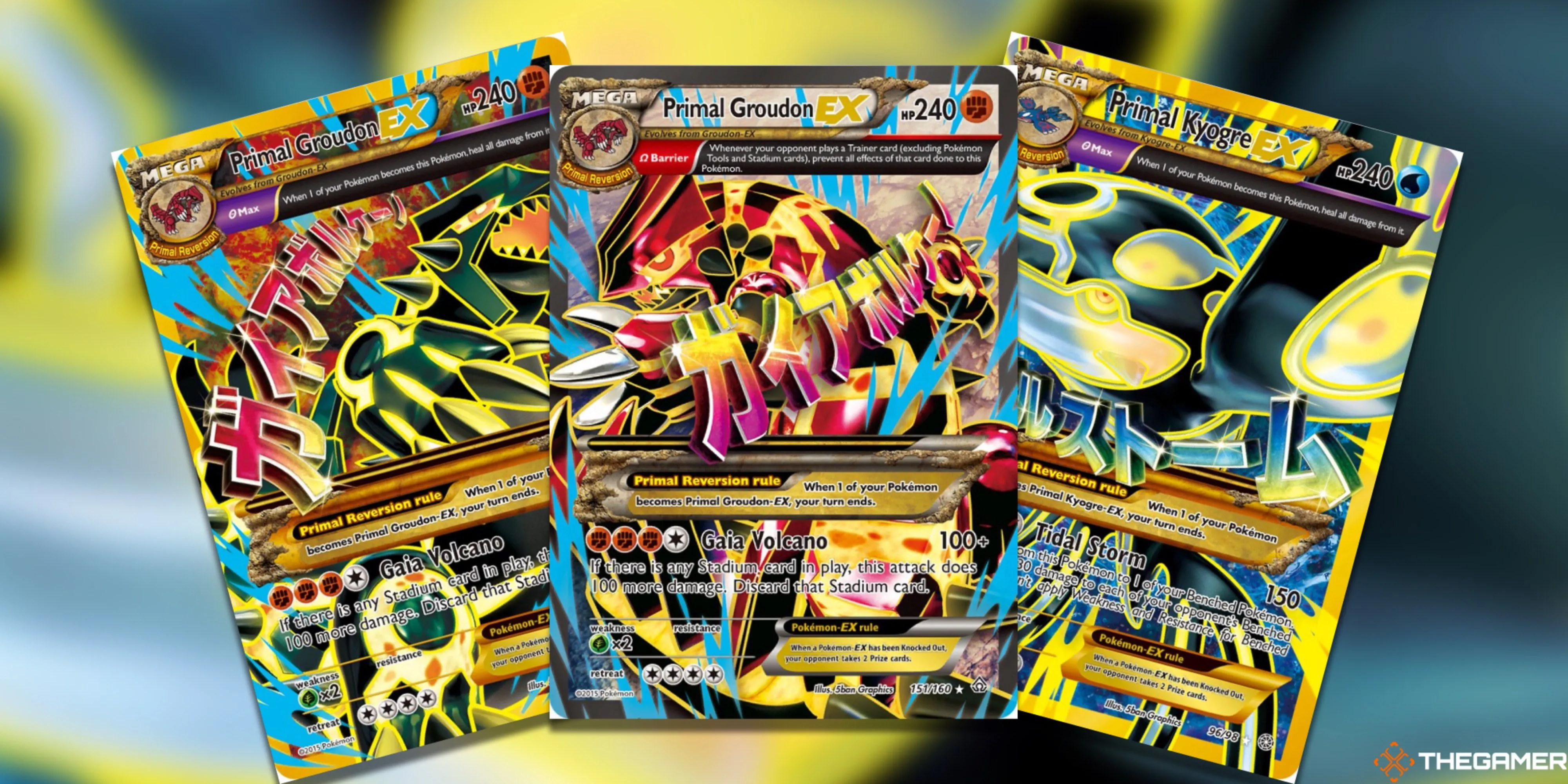 Bộ ba thẻ bài Primal Pokemon gồm Primal Groudon EX Shiny Full Art, Primal Groudon EX Ultra Rare và Primal Kyogre EX Shiny Full Art trong Pokemon TCG.