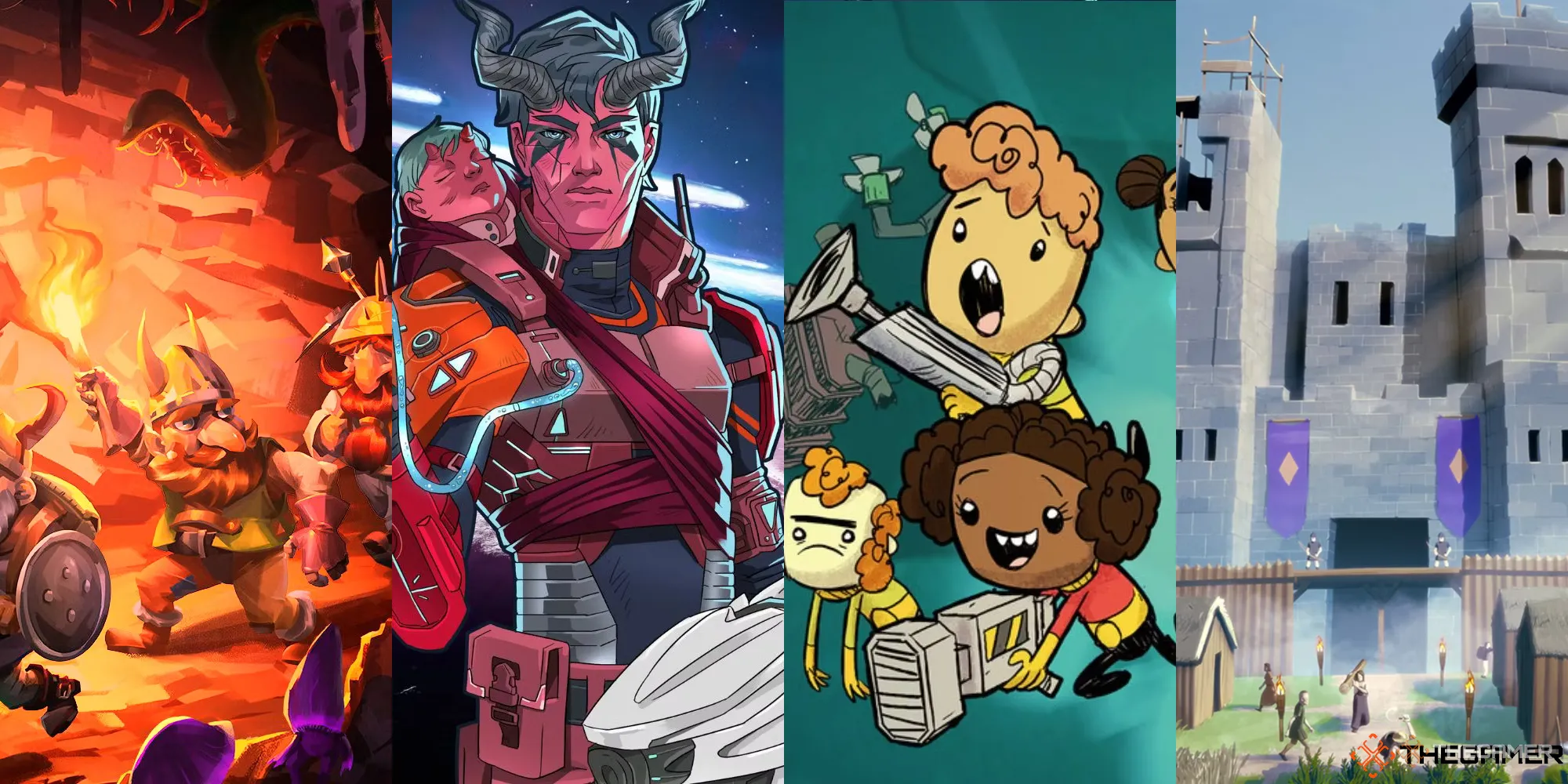 Bốn ảnh bìa của các tựa game mô phỏng quản lý thuộc địa nổi bật: Dwarf Fortress, RimWorld: Biotech, Oxygen Not Included và Going Medieval, thể hiện sự đa dạng của thể loại này