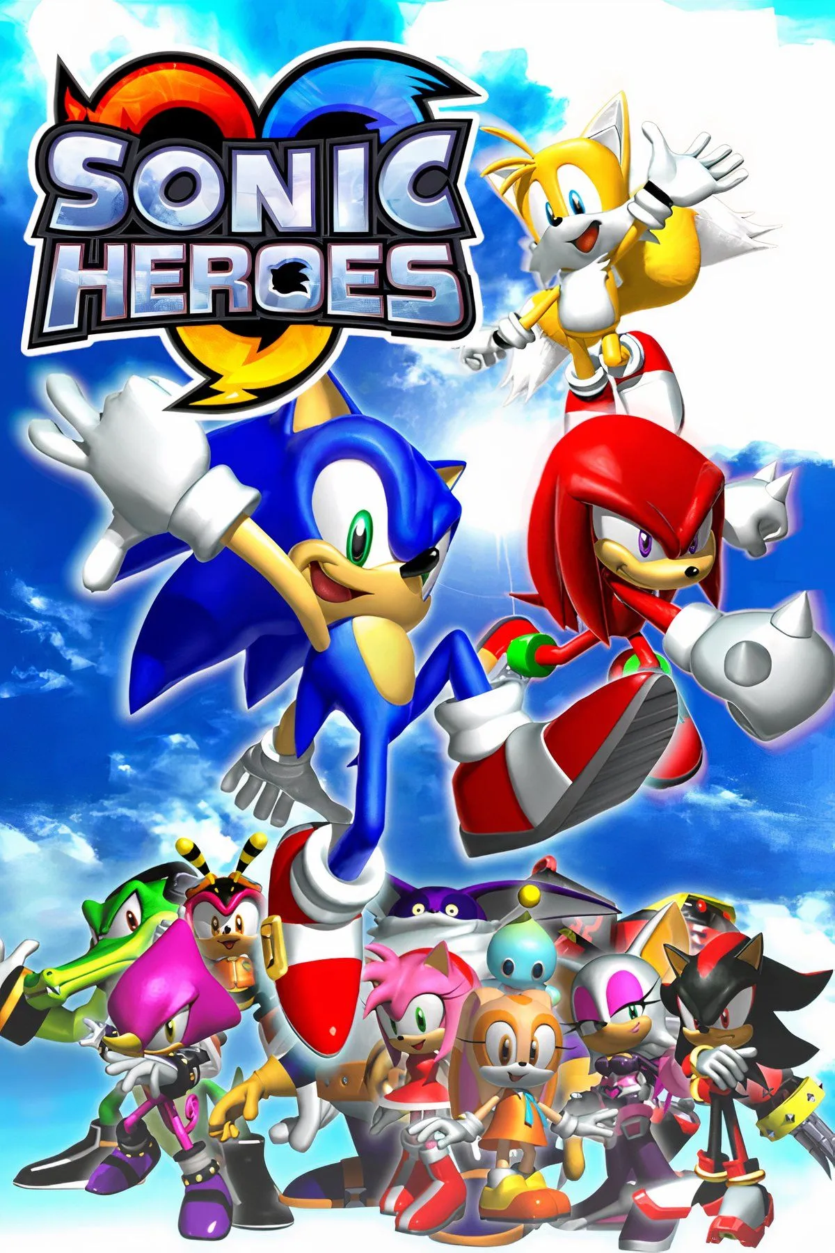 Bốn đội hình Sonic Heroes - Sonic, Dark, Rose và Chaotix - cùng nhau tạo dáng trên đỉnh cao của một màn chơi đầy màu sắc