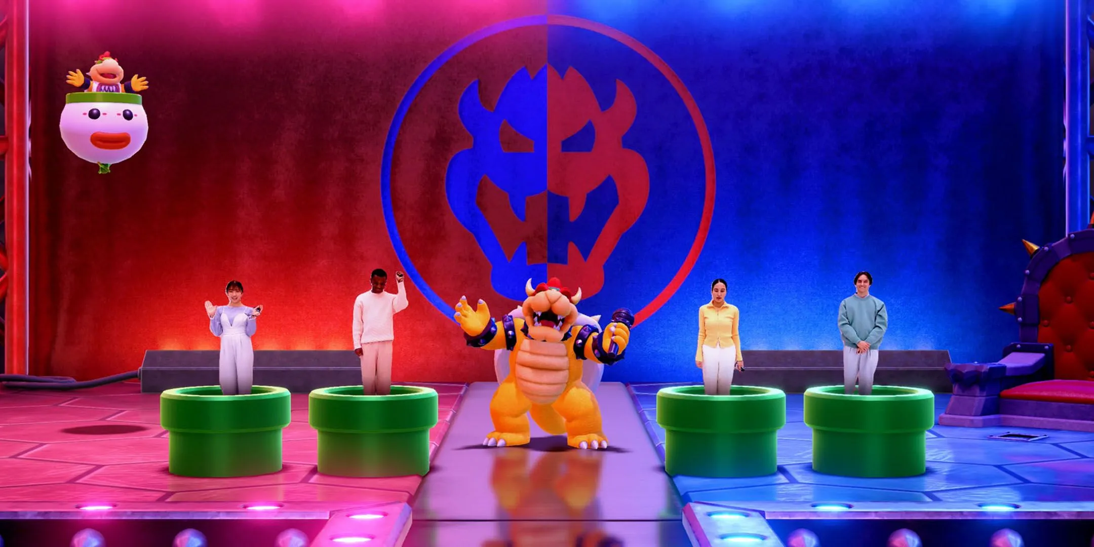 Bốn người chơi cùng nhau trải nghiệm những minigame mới trong Super Mario Party Jamboree phiên bản Nintendo Switch 2, thể hiện khả năng multiplayer của Jamboree TV.