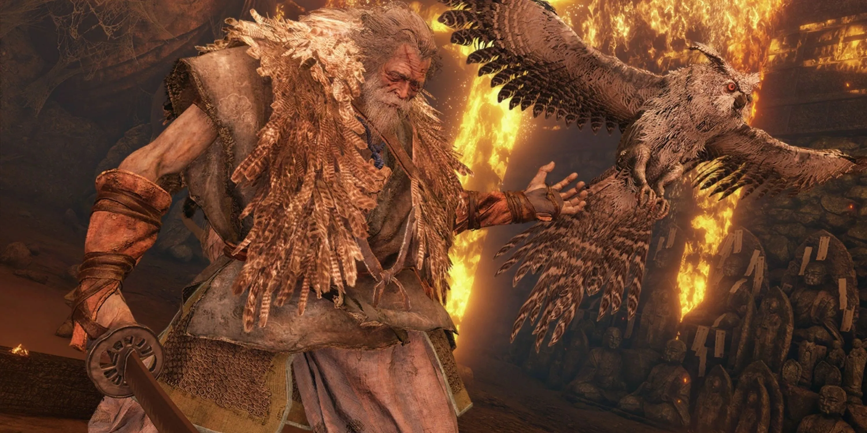 Boss Owl Father trong Sekiro, minh họa cho việc các tựa game thường có thêm nội dung mới (DLC hoặc bản cập nhật) để thu hút người chơi quay lại.