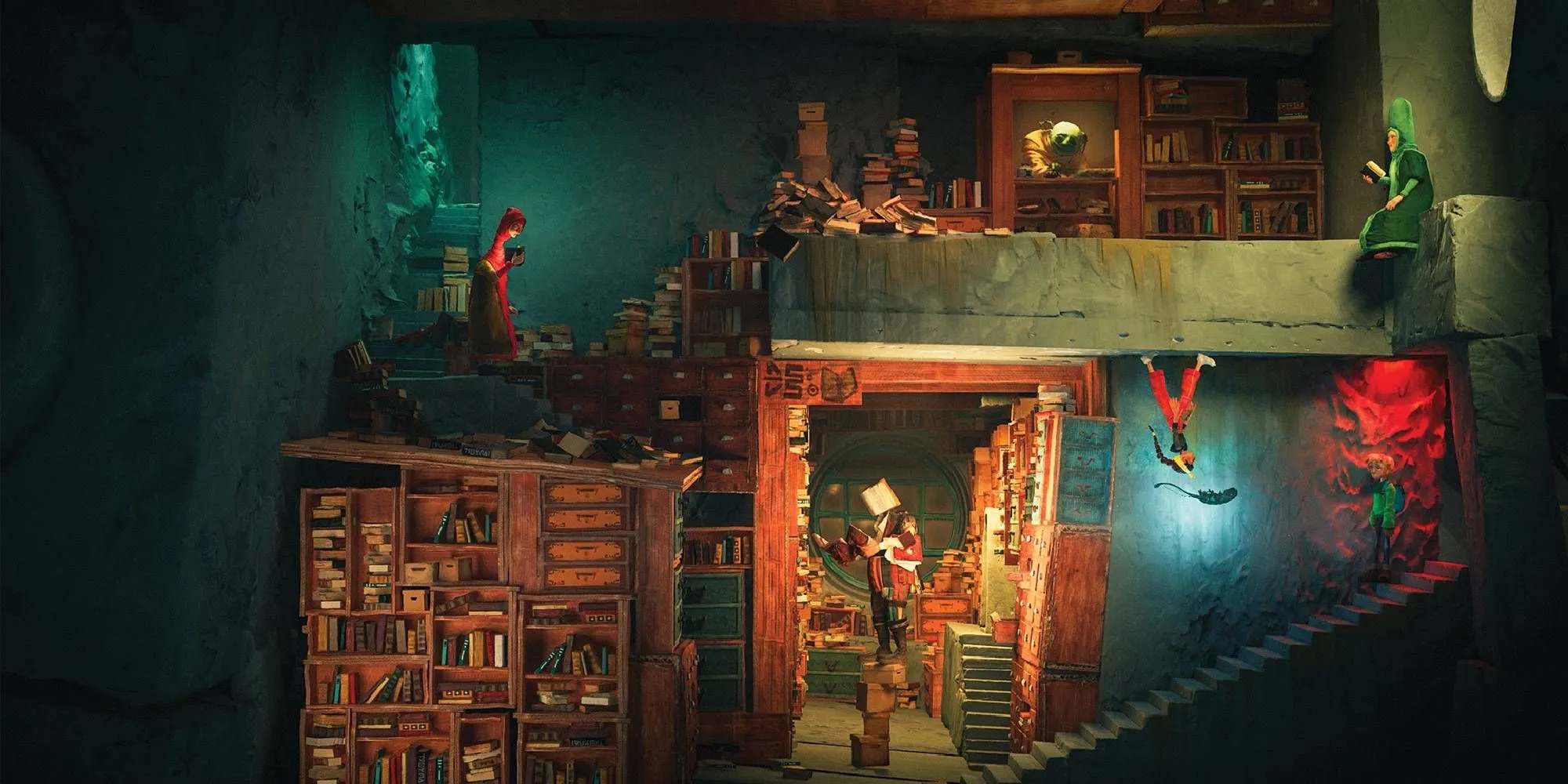 Các nhân vật game Out of Words trong một thư viện với nhiều sách và chi tiết stop-motion