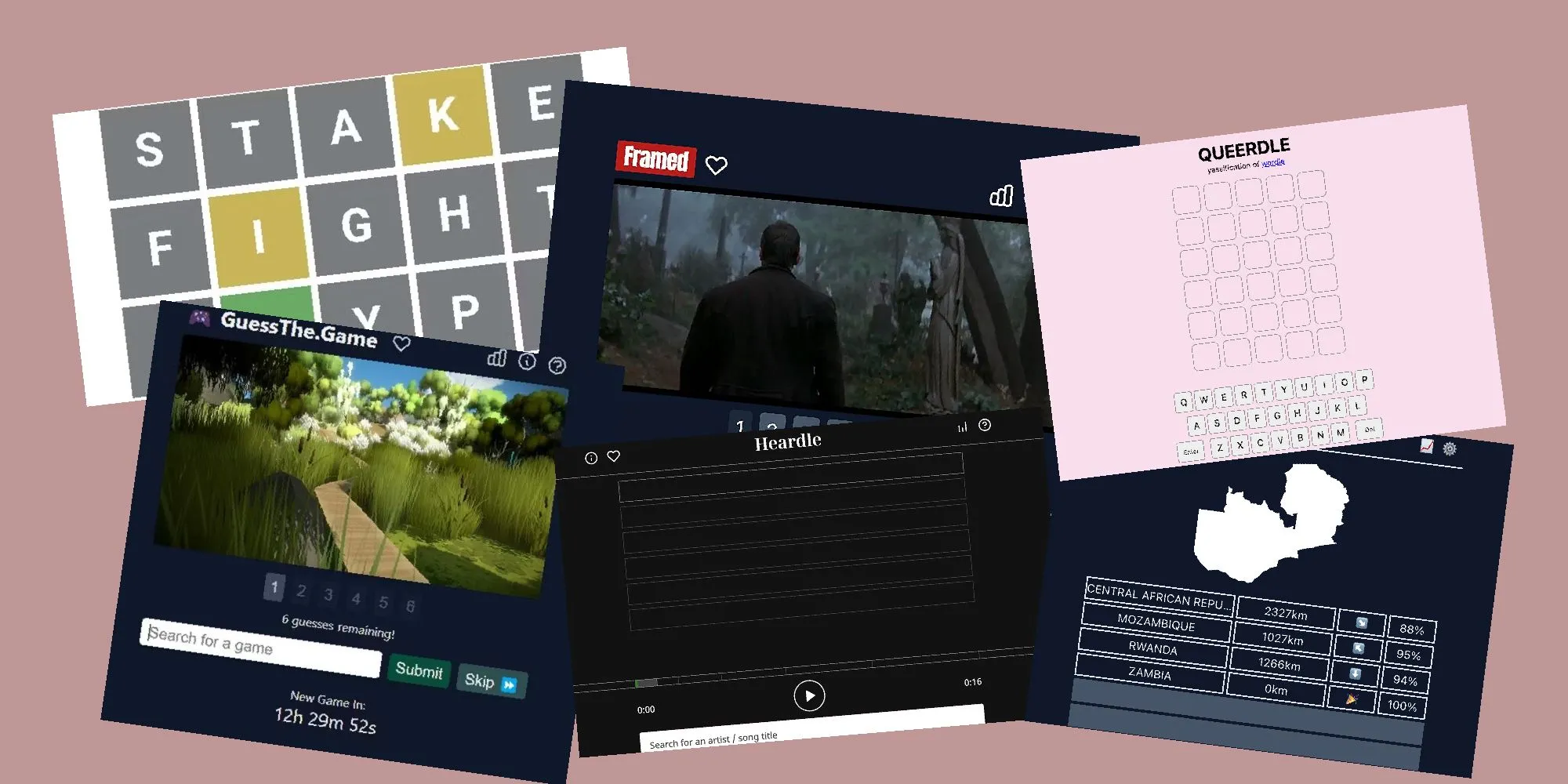 Các phiên bản game giải đố Wordle và những biến thể phổ biến như GuessTheGame, Framed, Heardle, Worldle, Queerdle, minh họa sự bùng nổ của xu hướng game hóa trên các nền tảng tin tức