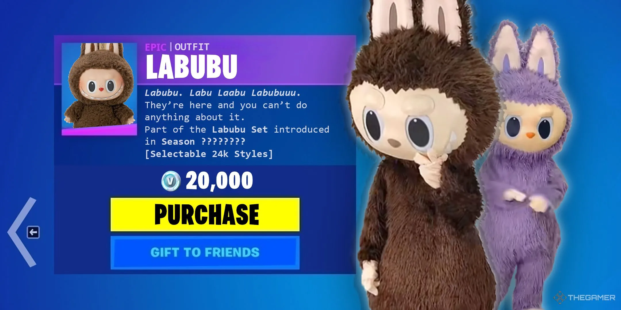 Các skin nhân vật Labubu trong giao diện game Fortnite, khoác lên mình nhiều trang phục khác nhau