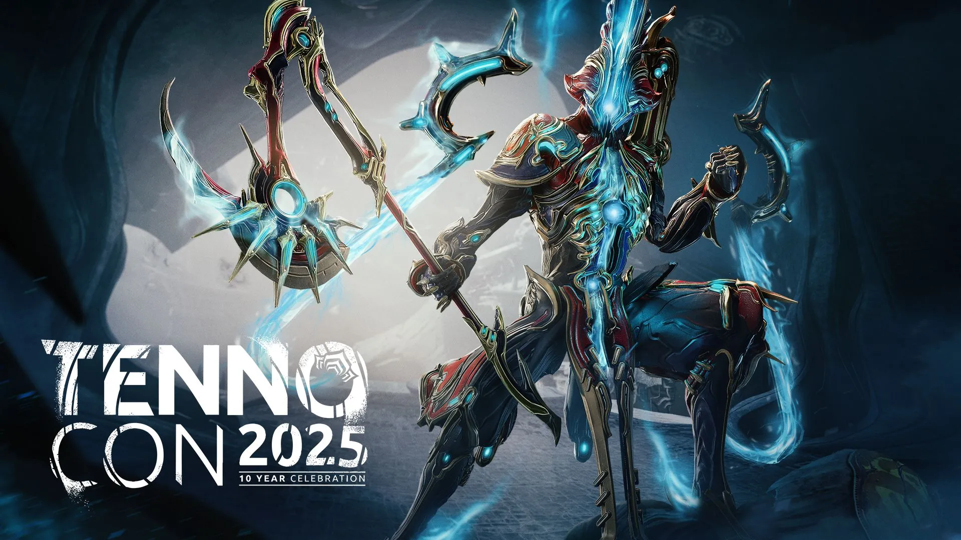 Caliban Prime đứng uy nghi bên logo Tennocon 2025, biểu tượng của tương lai Warframe.