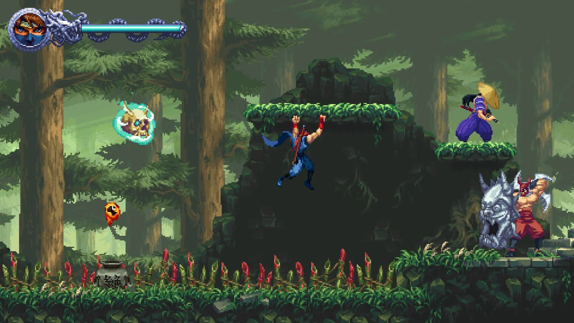Cảnh chiến đấu trong Ninja Gaiden Ragebound, cho thấy môi trường và hiệu ứng hình ảnh.