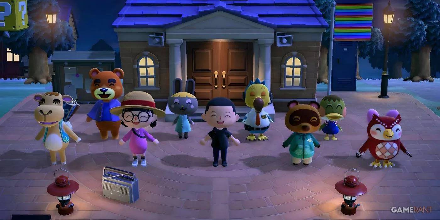 Cảnh cộng đồng các cư dân đảo trong Animal Crossing: New Horizons đang vui vẻ cùng nhau, nhấn mạnh tính năng tương tác xã hội của game.