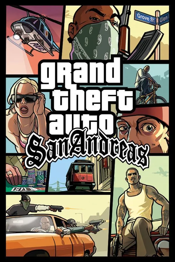 Carl Johnson (CJ) đứng trước chiếc xe cơ bắp yêu thích của mình ở Los Santos trong Grand Theft Auto: San Andreas, với thành phố nhộn nhịp phía sau