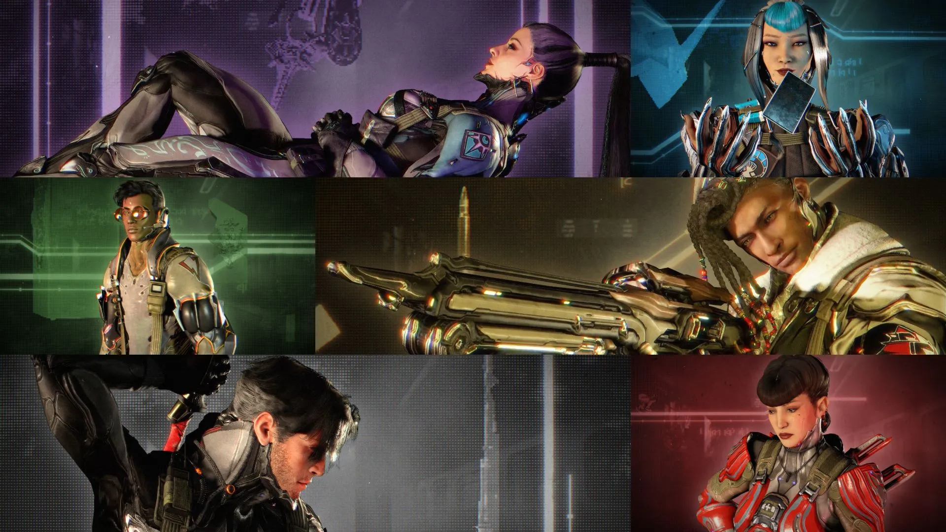 Chân dung sáu thành viên chủ chốt của Biệt đội Hex trong Warframe 1999, mỗi người một cá tính độc đáo.