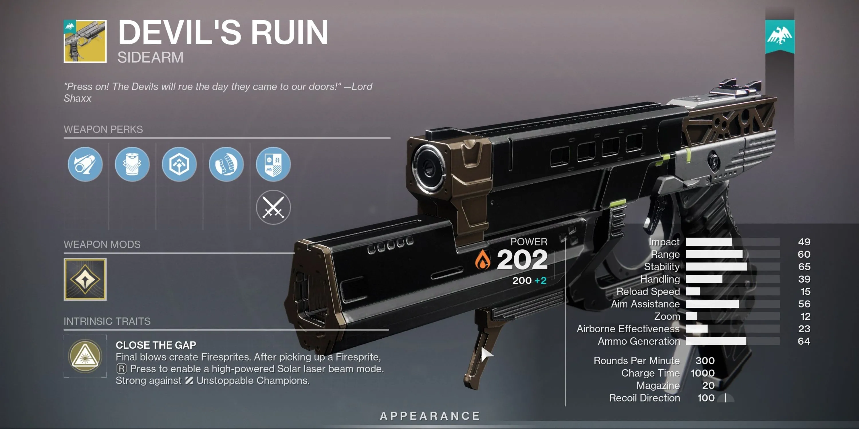 Chỉ số và hiệu ứng Devil's Ruin Sidearm Destiny 2